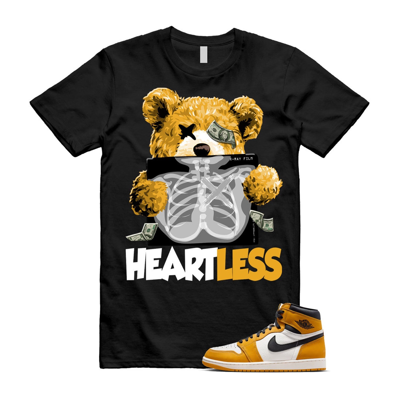 Ochre Yellow Black Sail White 1 Retro High OG T Shirt Match HEART ,FD1437-701 T-Shirt, Sneaker Match Tee