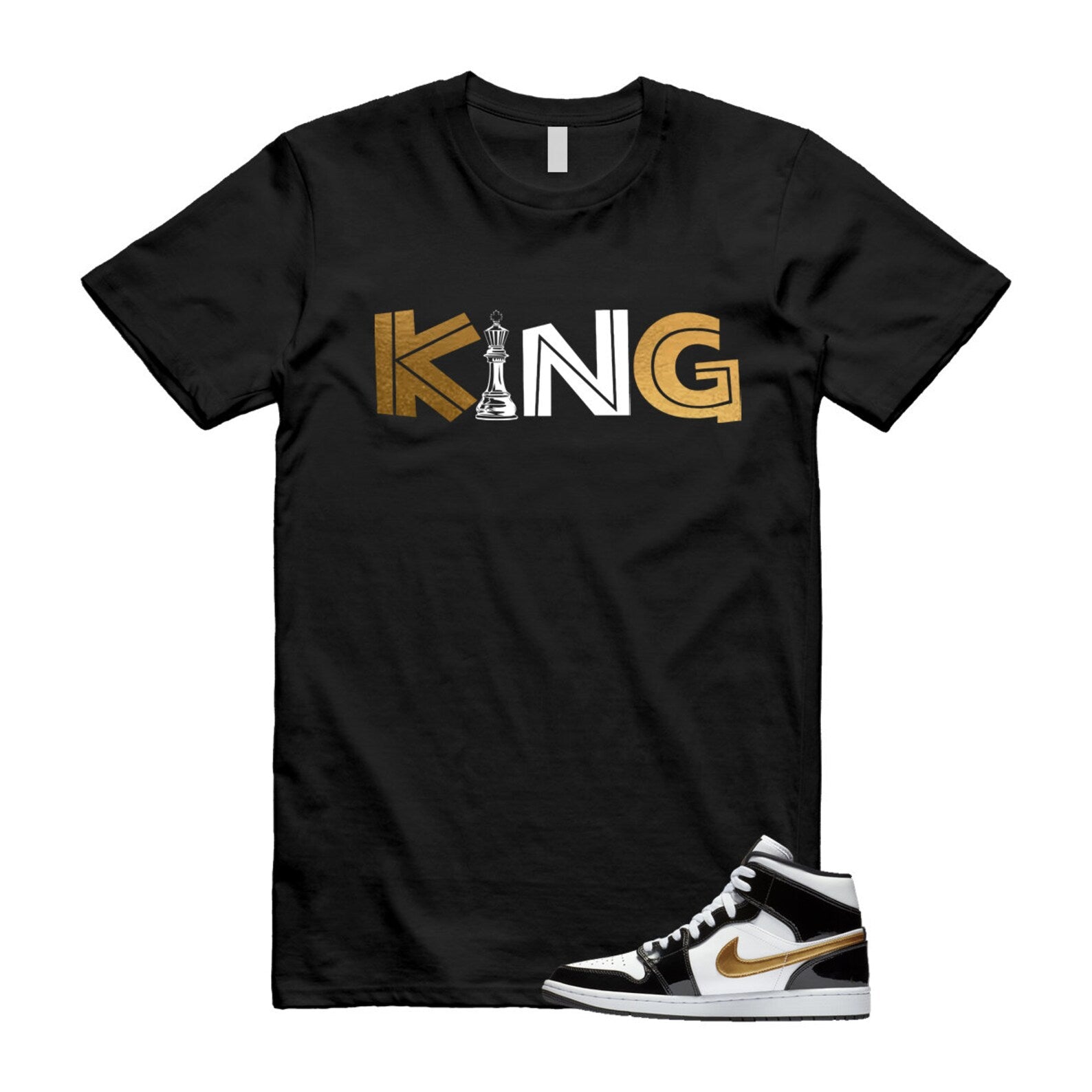 Metallic Gold Patent Black White Air 1 Mid T Shirt Match KING ,852542-007 T-Shirt, Sneaker Match Tee