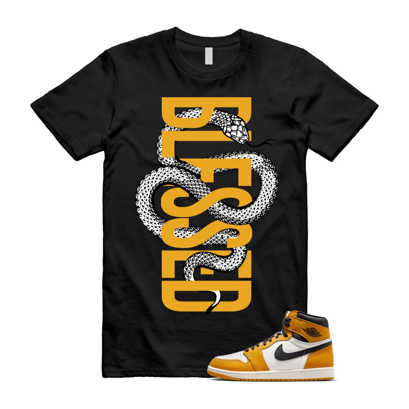 Ochre Yellow Black Sail White 1 Retro High OG T Shirt Match SNAKEBLS ,FD1437-701 T-Shirt, Sneaker Match Tee