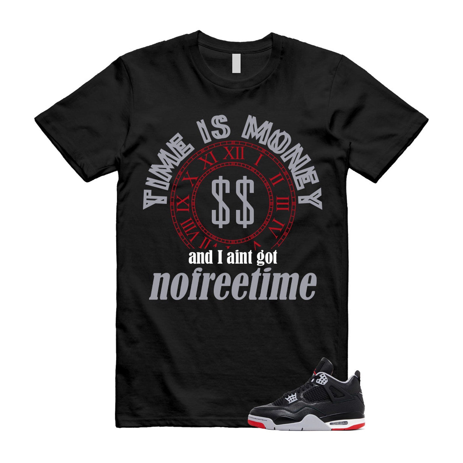 4 Bred Reimagined Black Cement Grey Varsity Red Summit White Retro T Shirt Match FREE TIME ,FV5029-006 T-Shirt, Sneaker Match Tee