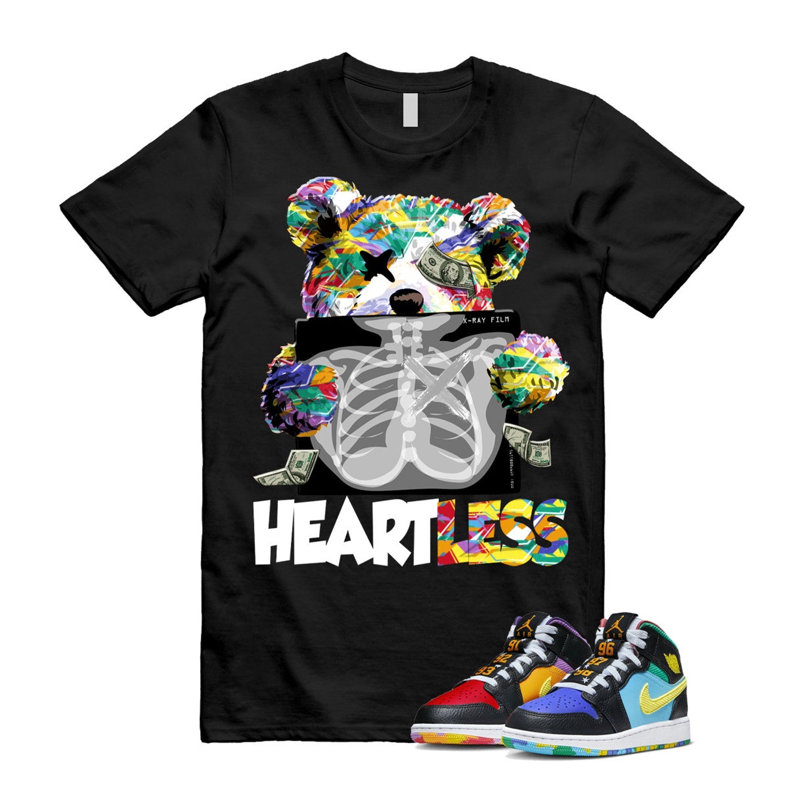 Six Championships Air 1 Mid GS Black Opti Yellow University Red Light Ultramarine Sundial Baltic Blue T Shirt Match HEART ,FD1317-007 T-Shirt, Sneaker Match Tee