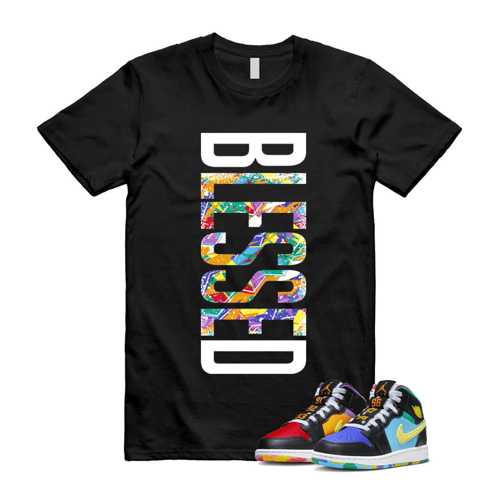 Six Championships Air 1 Mid GS Black Opti Yellow University Red Light Ultramarine Sundial Baltic Blue T Shirt Match VERTBLS ,FD1317-007 T-Shirt, Sneaker Match Tee