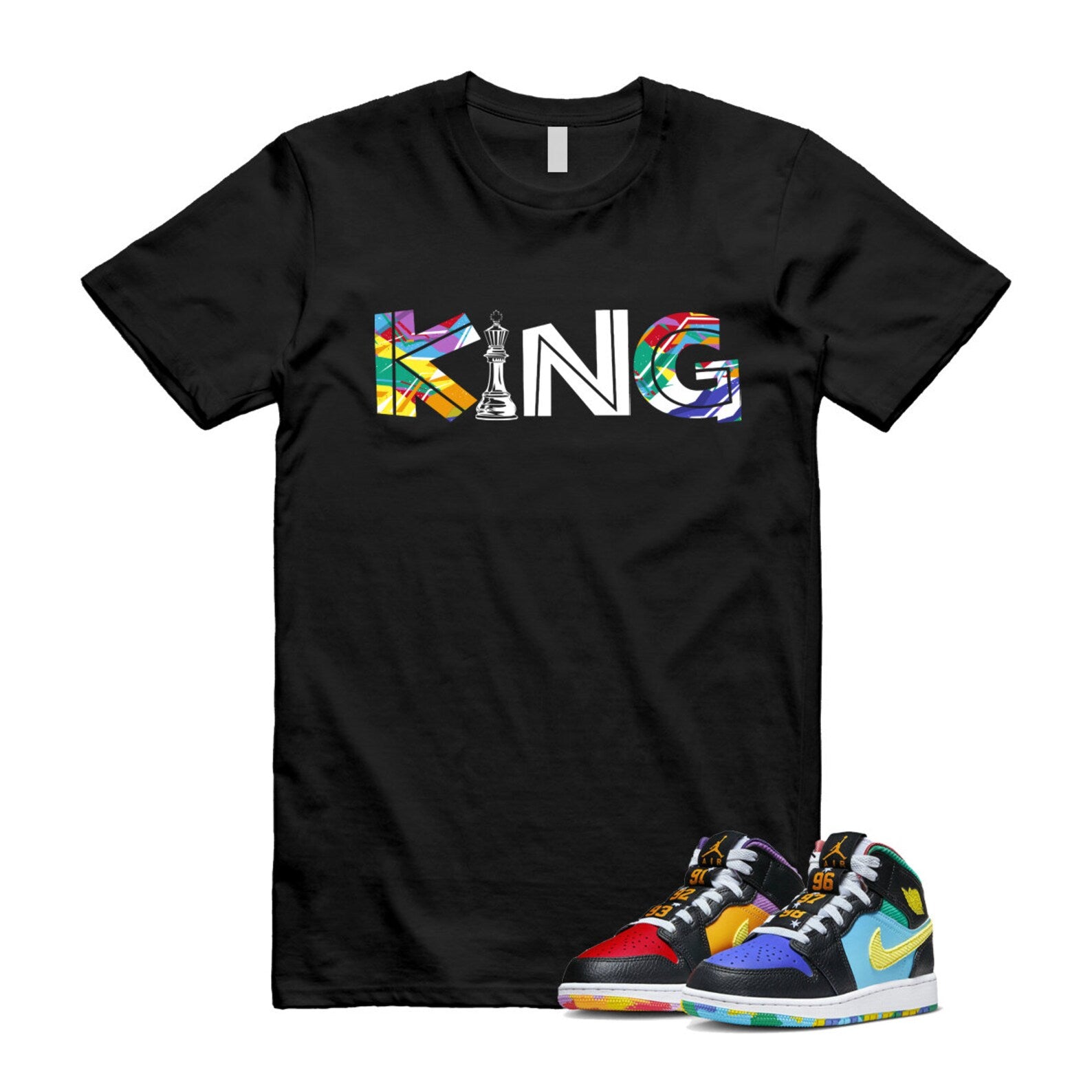 Six Championships Air 1 Mid GS Black Opti Yellow University Red Light Ultramarine Sundial Baltic Blue T Shirt Match KING ,FD1317-007 T-Shirt, Sneaker Match Tee