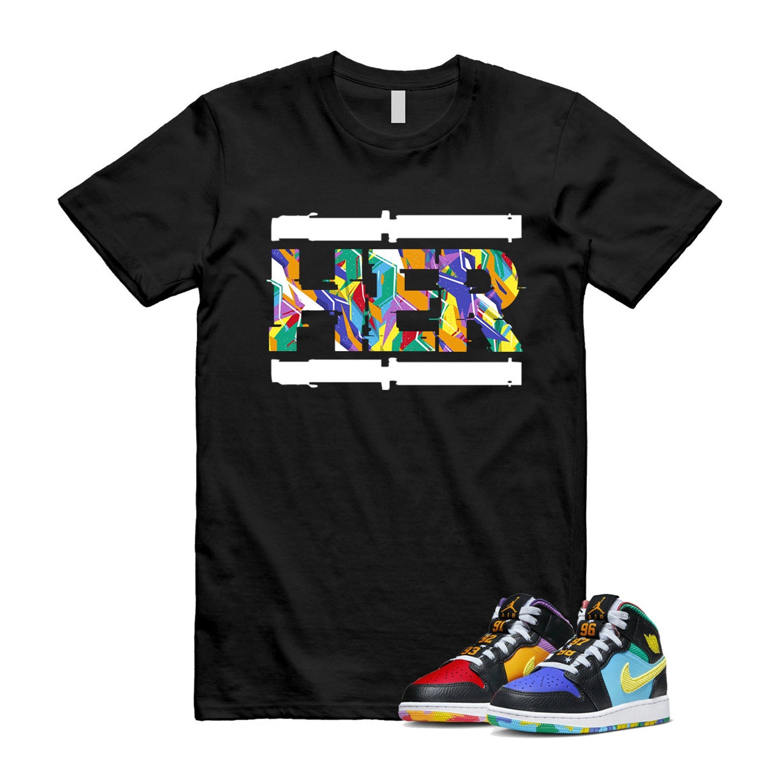 Six Championships Air 1 Mid GS Black Opti Yellow University Red Light Ultramarine Sundial Baltic Blue T Shirt Match HER ,FD1317-007 T-Shirt, Sneaker Match Tee