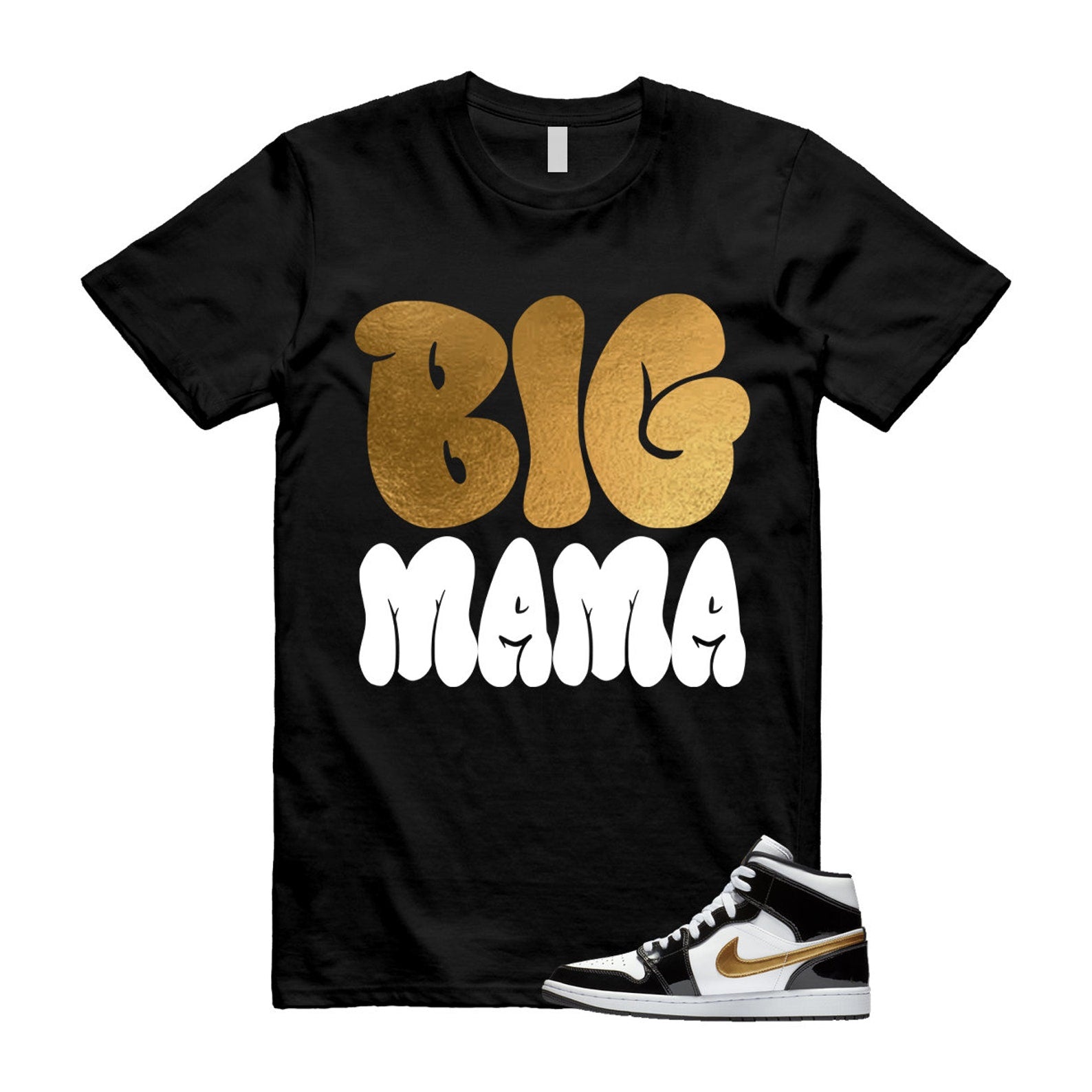 Metallic Gold Patent Black White Air 1 Mid T Shirt Match MAMA ,852542-007 T-Shirt, Sneaker Match Tee