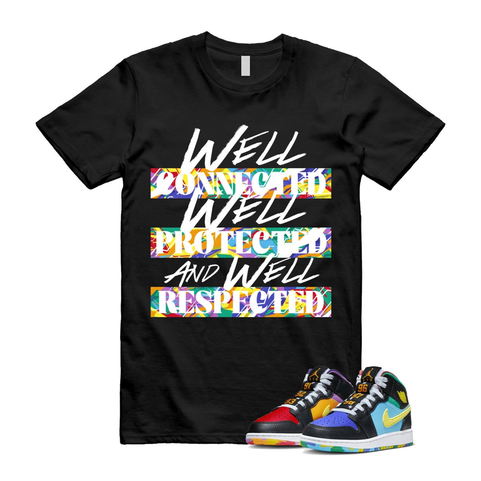 Six Championships Air 1 Mid GS Black Opti Yellow University Red Light Ultramarine Sundial Baltic Blue T Shirt Match WELL ,FD1317-007 T-Shirt, Sneaker Match Tee