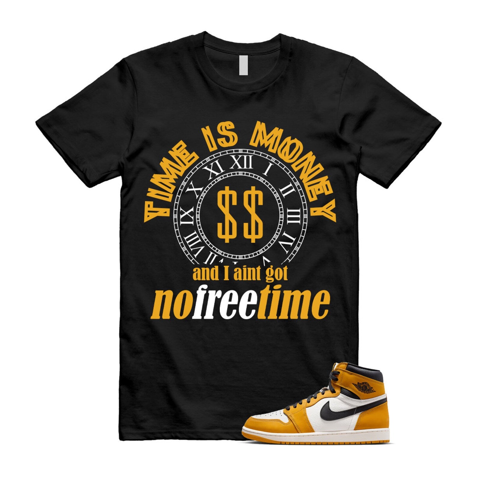Ochre Yellow Black Sail White 1 Retro High OG T Shirt Match FREE TIME ,FD1437-701 T-Shirt, Sneaker Match Tee