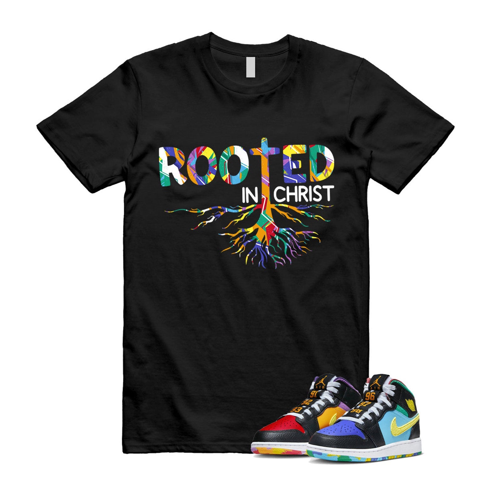 Six Championships Air 1 Mid GS Black Opti Yellow University Red Light Ultramarine Sundial Baltic Blue T Shirt Match ROOTED ,FD1317-007 T-Shirt, Sneaker Match Tee