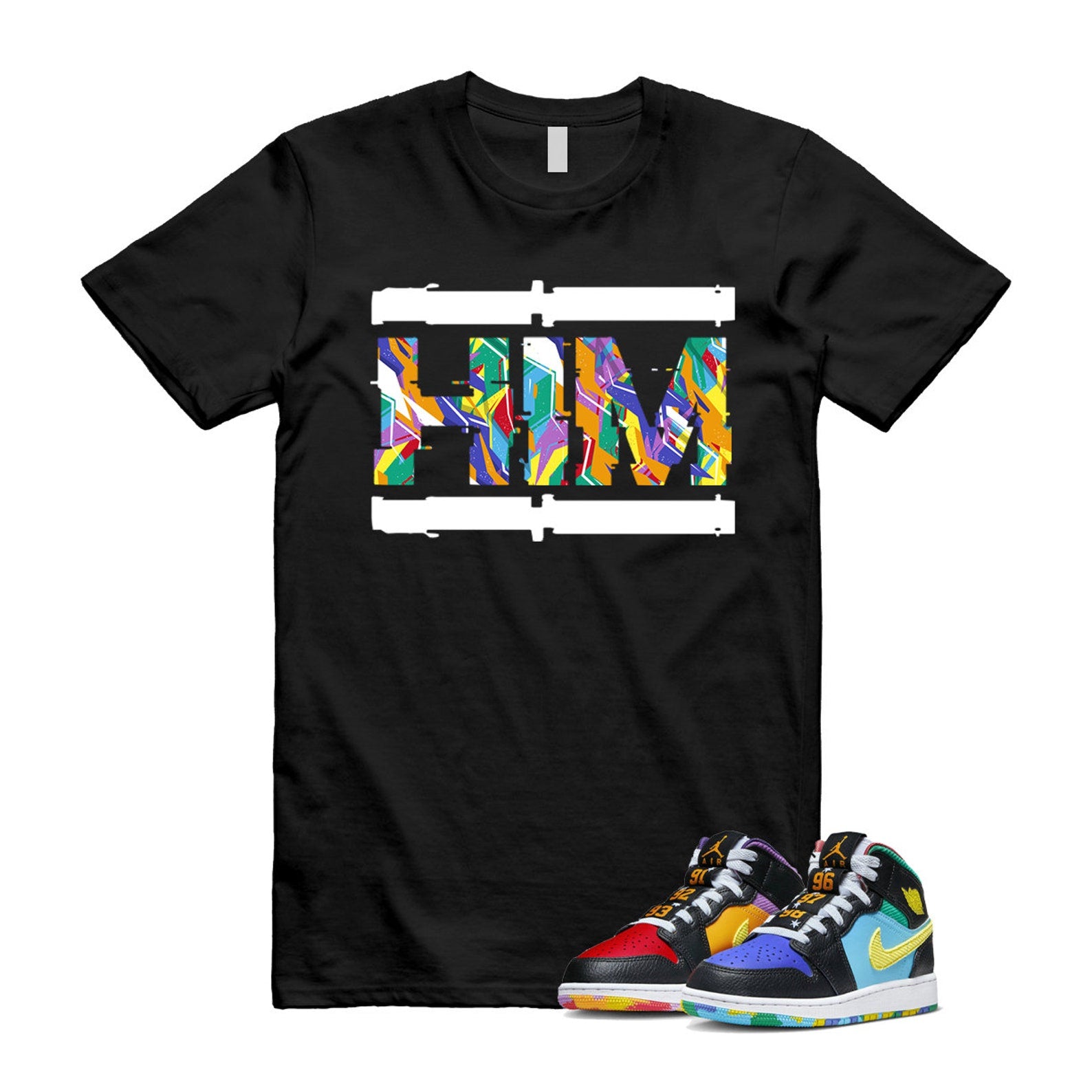 Six Championships Air 1 Mid GS Black Opti Yellow University Red Light Ultramarine Sundial Baltic Blue T Shirt Match HIM ,FD1317-007 T-Shirt, Sneaker Match Tee