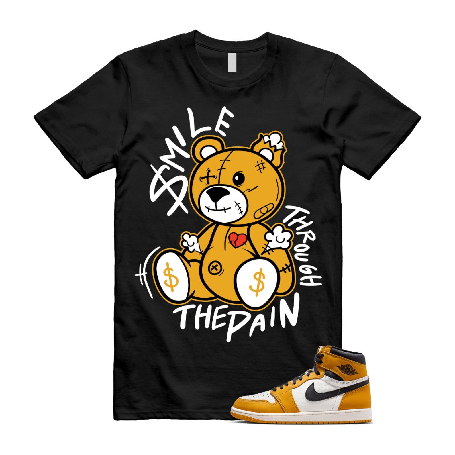 Ochre Yellow Black Sail White 1 Retro High OG T Shirt Match Smile Through The Pain ,FD1437-701 T-Shirt, Sneaker Match Tee
