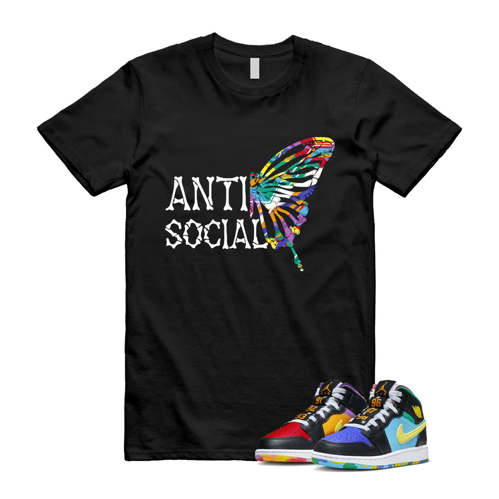Six Championships Air 1 Mid GS Black Opti Yellow University Red Light Ultramarine Sundial Baltic Blue T Shirt Match ASB ,FD1317-007 T-Shirt, Sneaker Match Tee