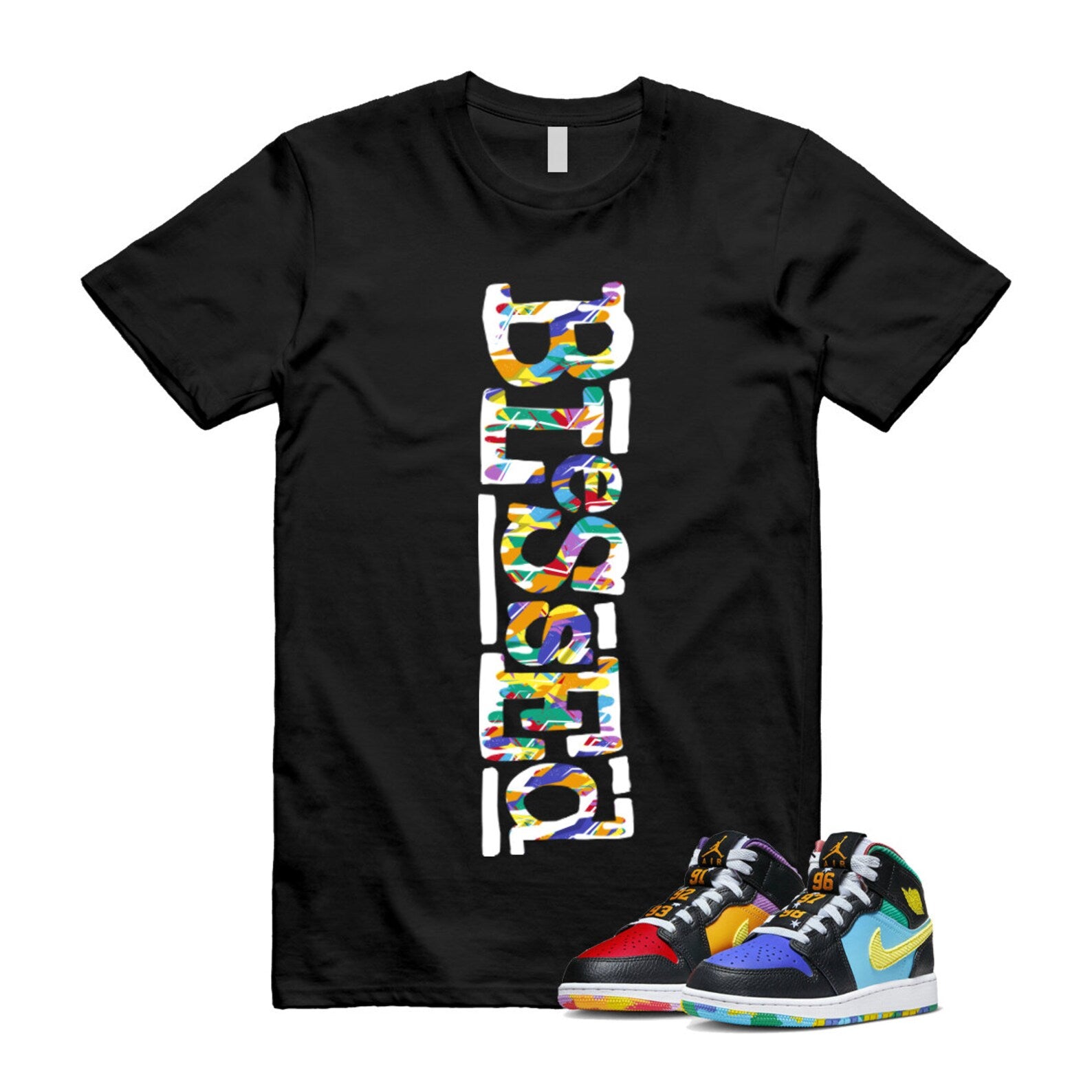 Six Championships Air 1 Mid GS Black Opti Yellow University Red Light Ultramarine Sundial Baltic Blue T Shirt Match B2 ,FD1317-007 T-Shirt, Sneaker Match Tee