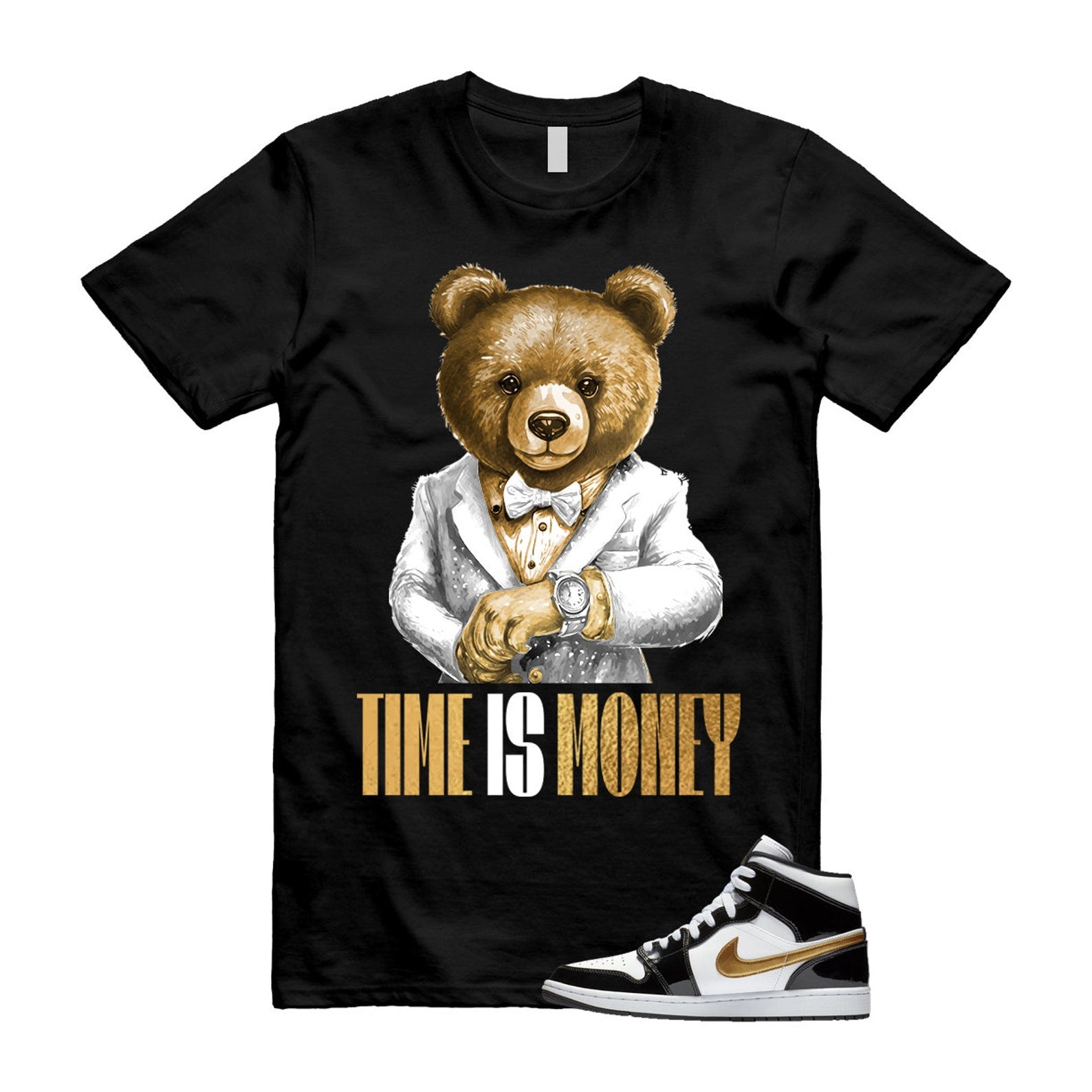 Metallic Gold Patent Black White Air 1 Mid T Shirt Match TIM ,852542-007 T-Shirt, Sneaker Match Tee
