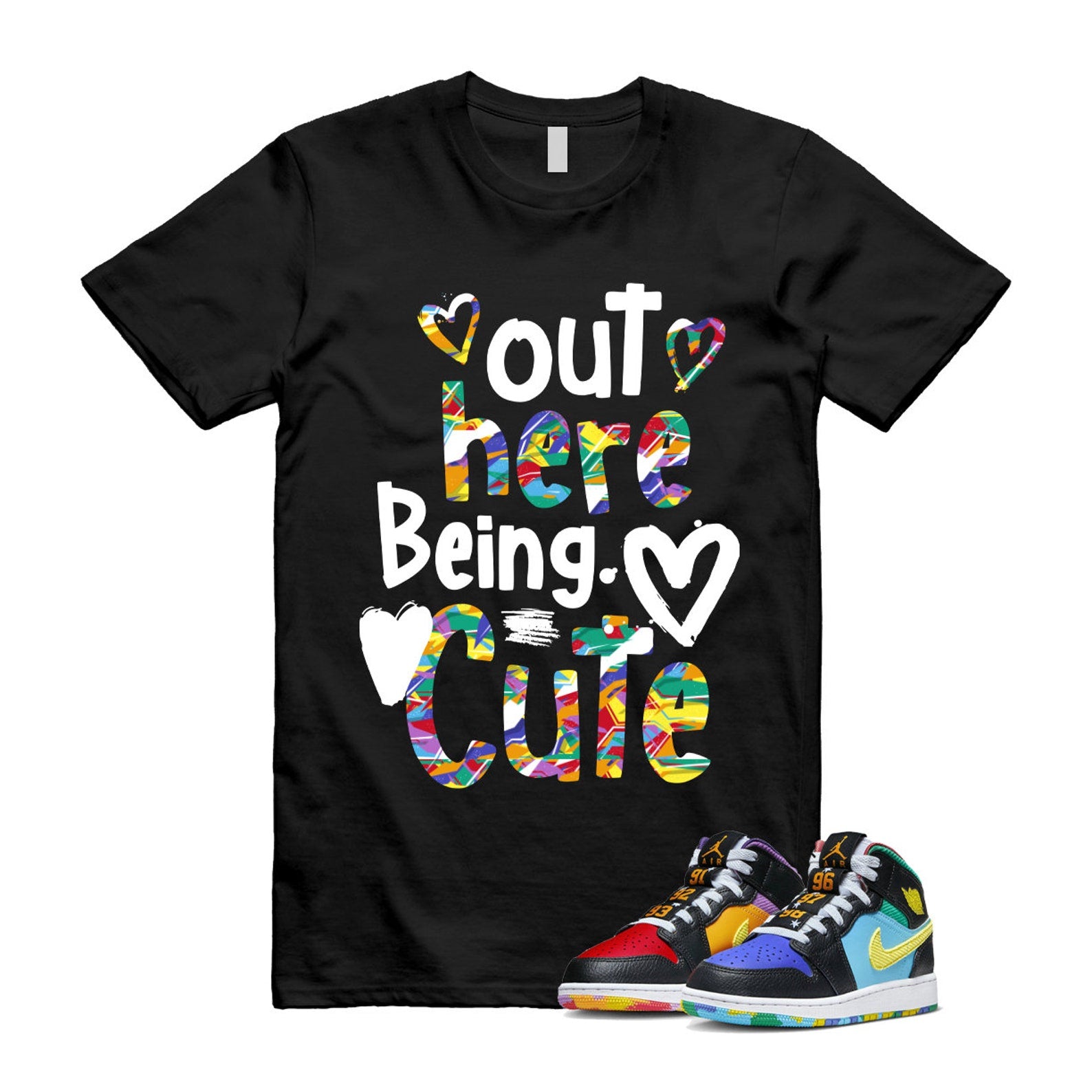 Six Championships Air 1 Mid GS Black Opti Yellow University Red Light Ultramarine Sundial Baltic Blue T Shirt Match Out Here Being Cute ,FD1317-007 T-Shirt, Sneaker Match Tee