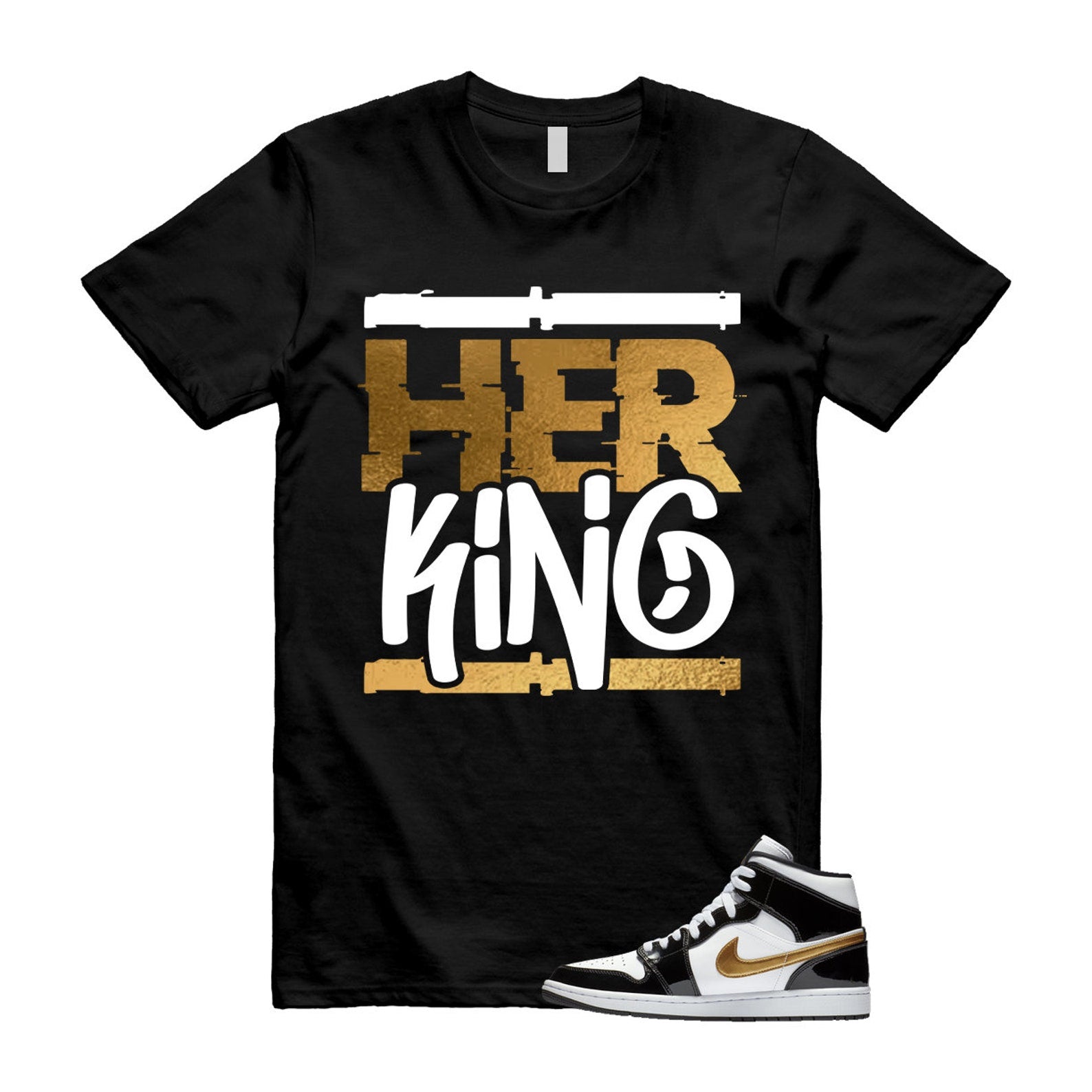 Metallic Gold Patent Black White Air 1 Mid T Shirt Match HK ,852542-007 T-Shirt, Sneaker Match Tee