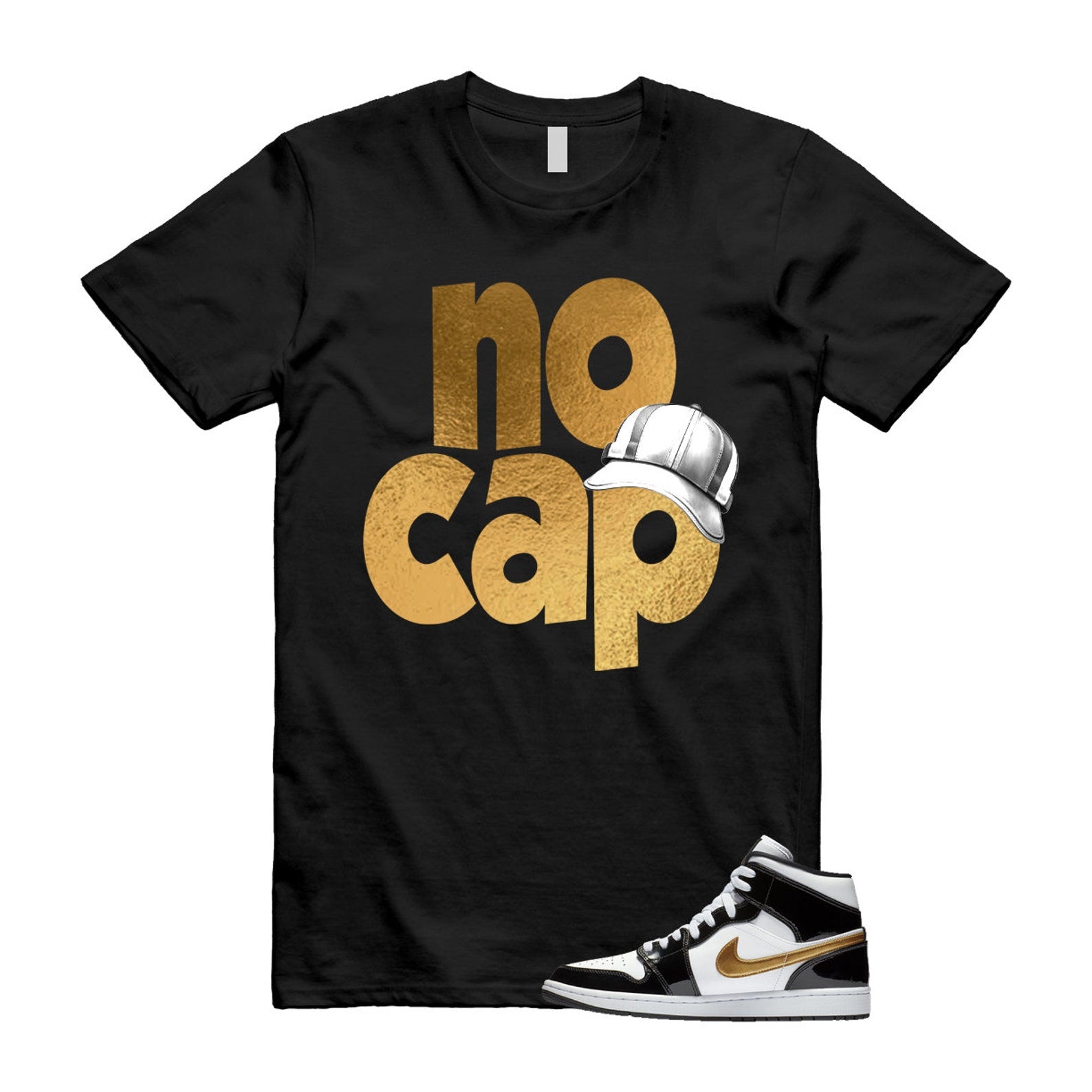 Metallic Gold Patent Black White Air 1 Mid T Shirt Match NO CAP ,852542-007 T-Shirt, Sneaker Match Tee