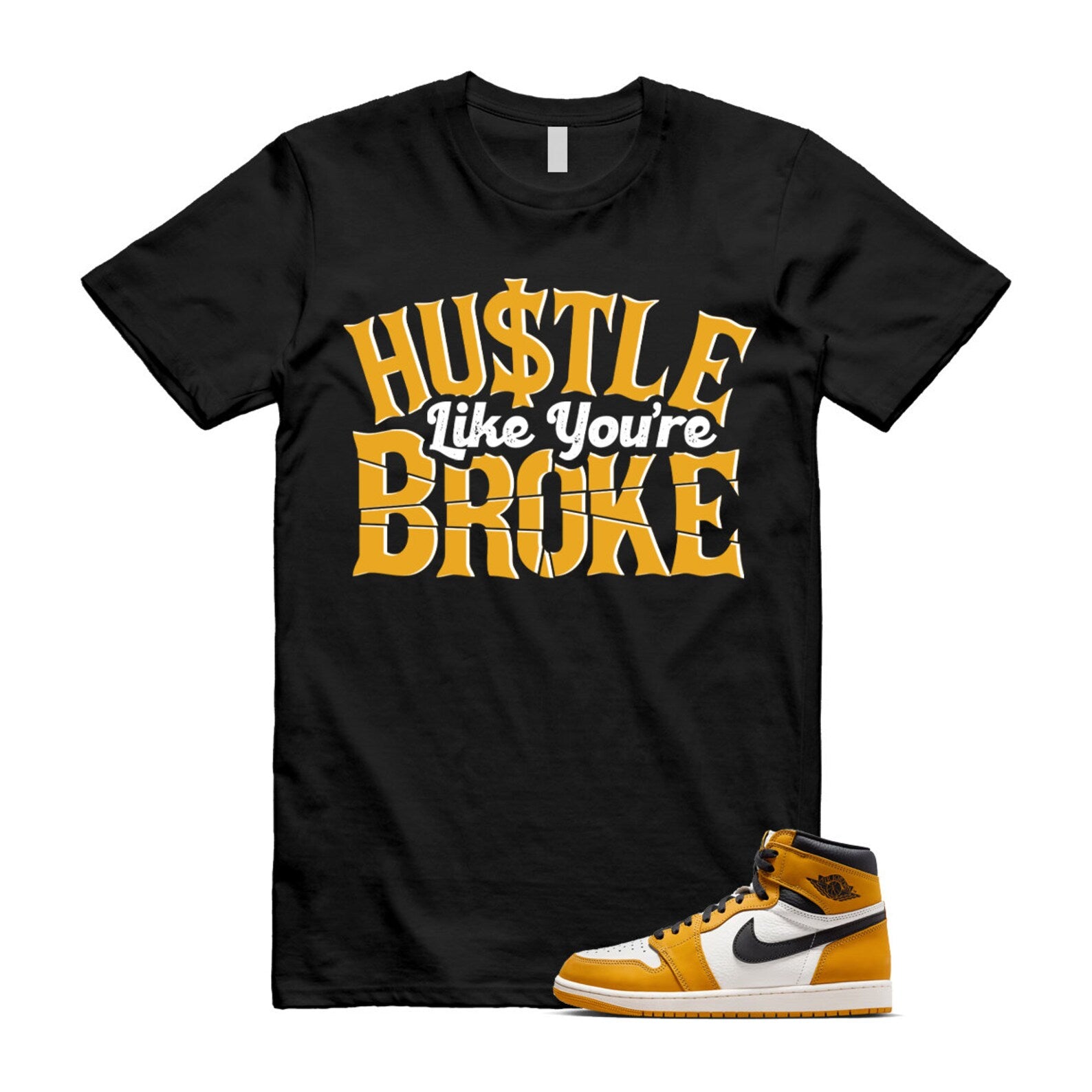 Ochre Yellow Black Sail White 1 Retro High OG T Shirt Match BROKE ,FD1437-701 T-Shirt, Sneaker Match Tee