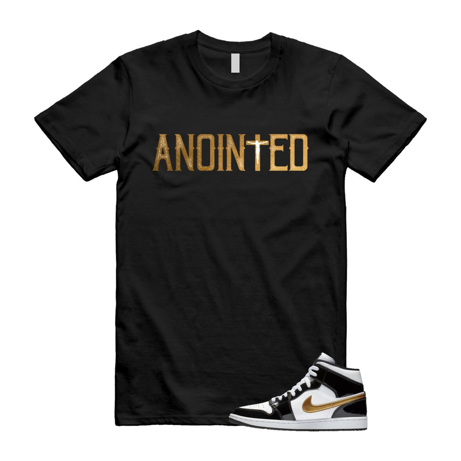 Metallic Gold Patent Black White Air 1 Mid T Shirt Match ANOINTED ,852542-007 T-Shirt, Sneaker Match Tee