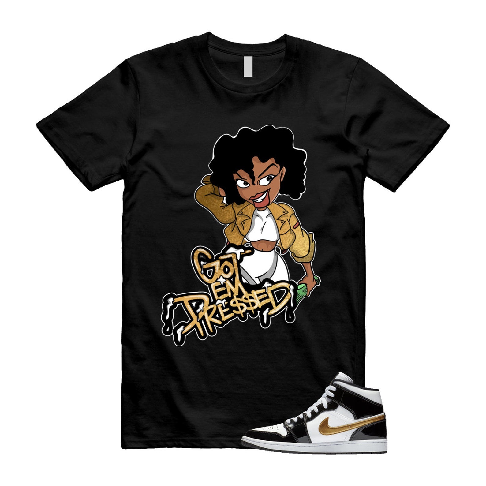 Metallic Gold Patent Black White Air 1 Mid T Shirt Match PRESSED ,852542-007 T-Shirt, Sneaker Match Tee