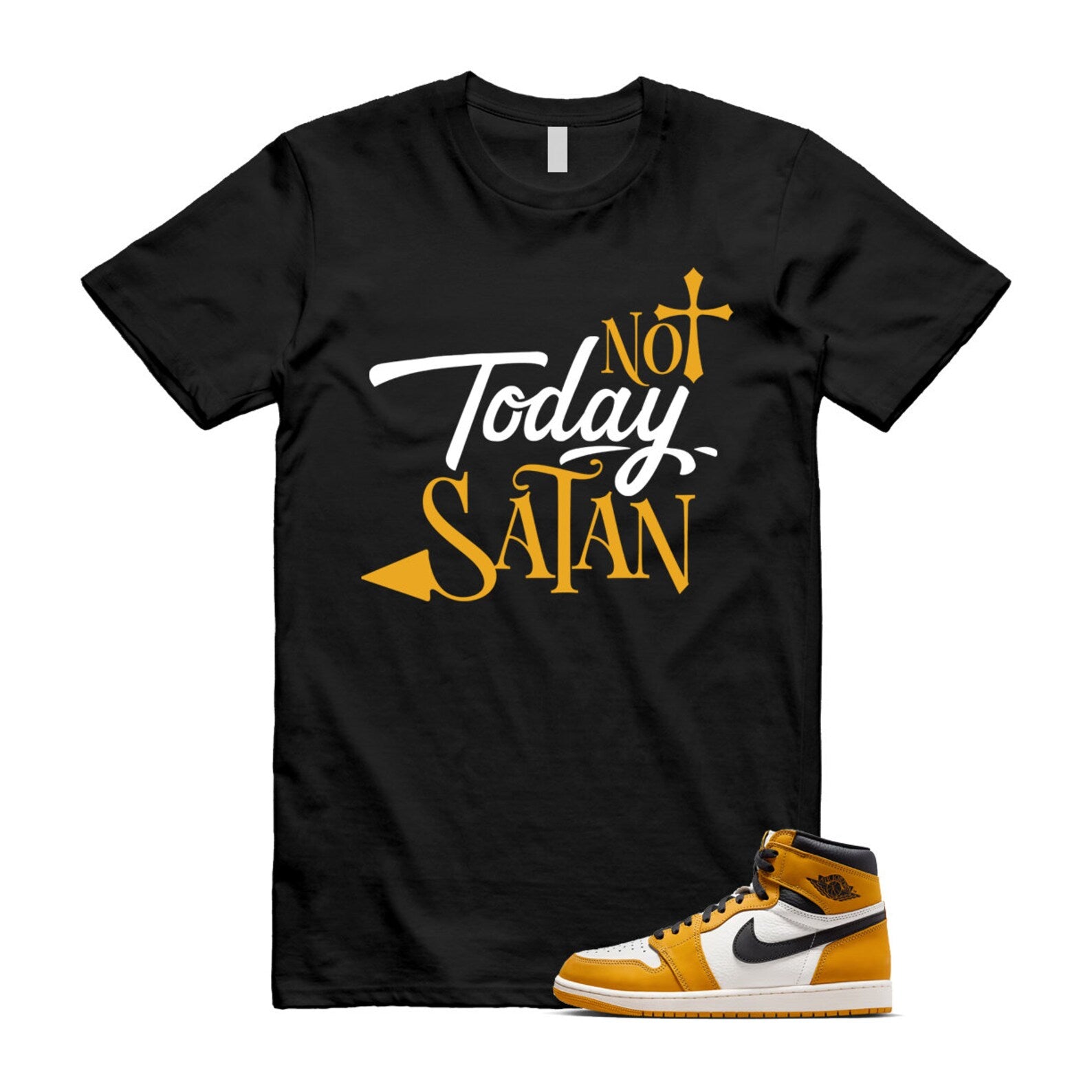 Ochre Yellow Black Sail White 1 Retro High OG T Shirt Match SATAN ,FD1437-701 T-Shirt, Sneaker Match Tee