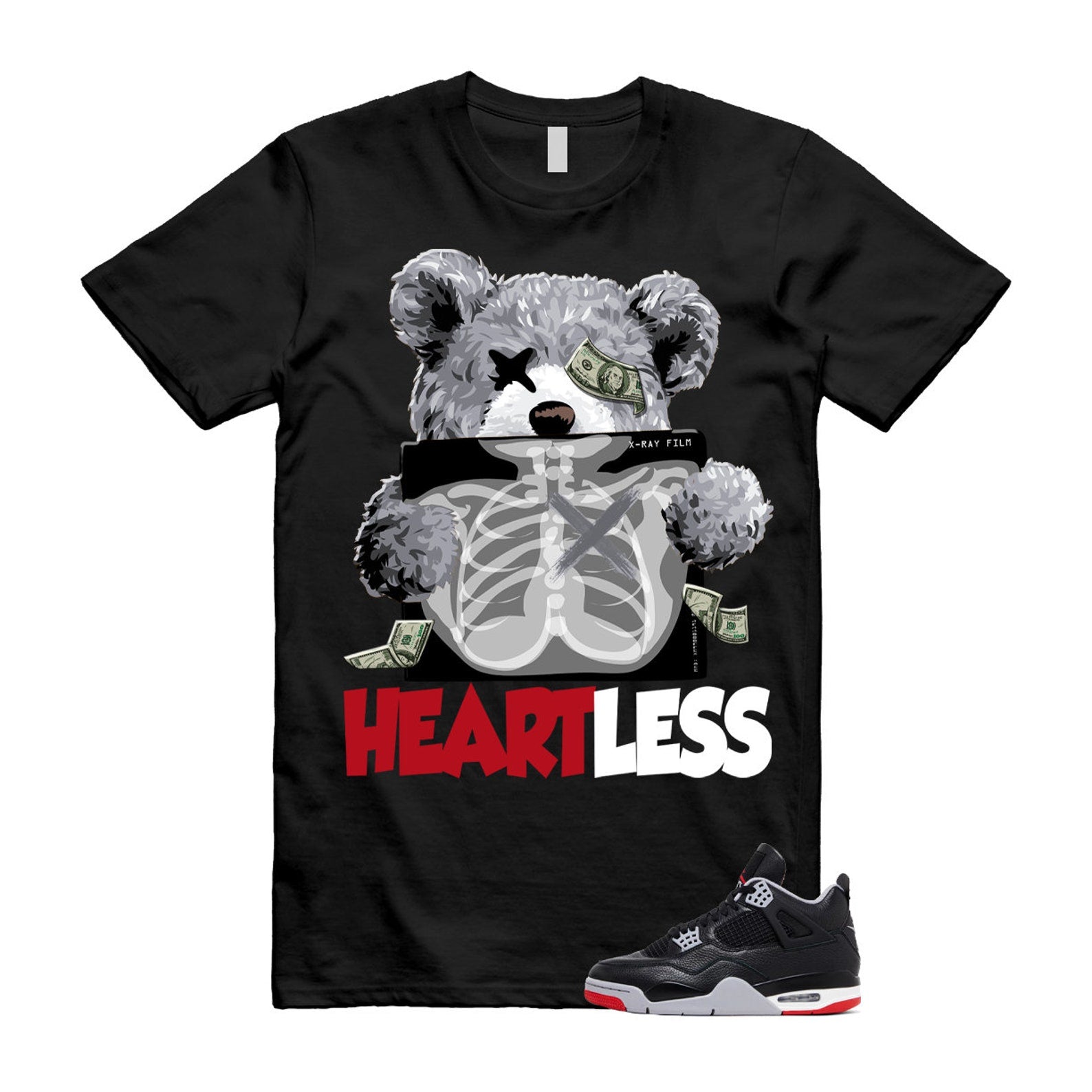 4 Bred Reimagined Black Cement Grey Varsity Red Summit White Retro T Shirt Match HEART ,FV5029-006 T-Shirt, Sneaker Match Tee