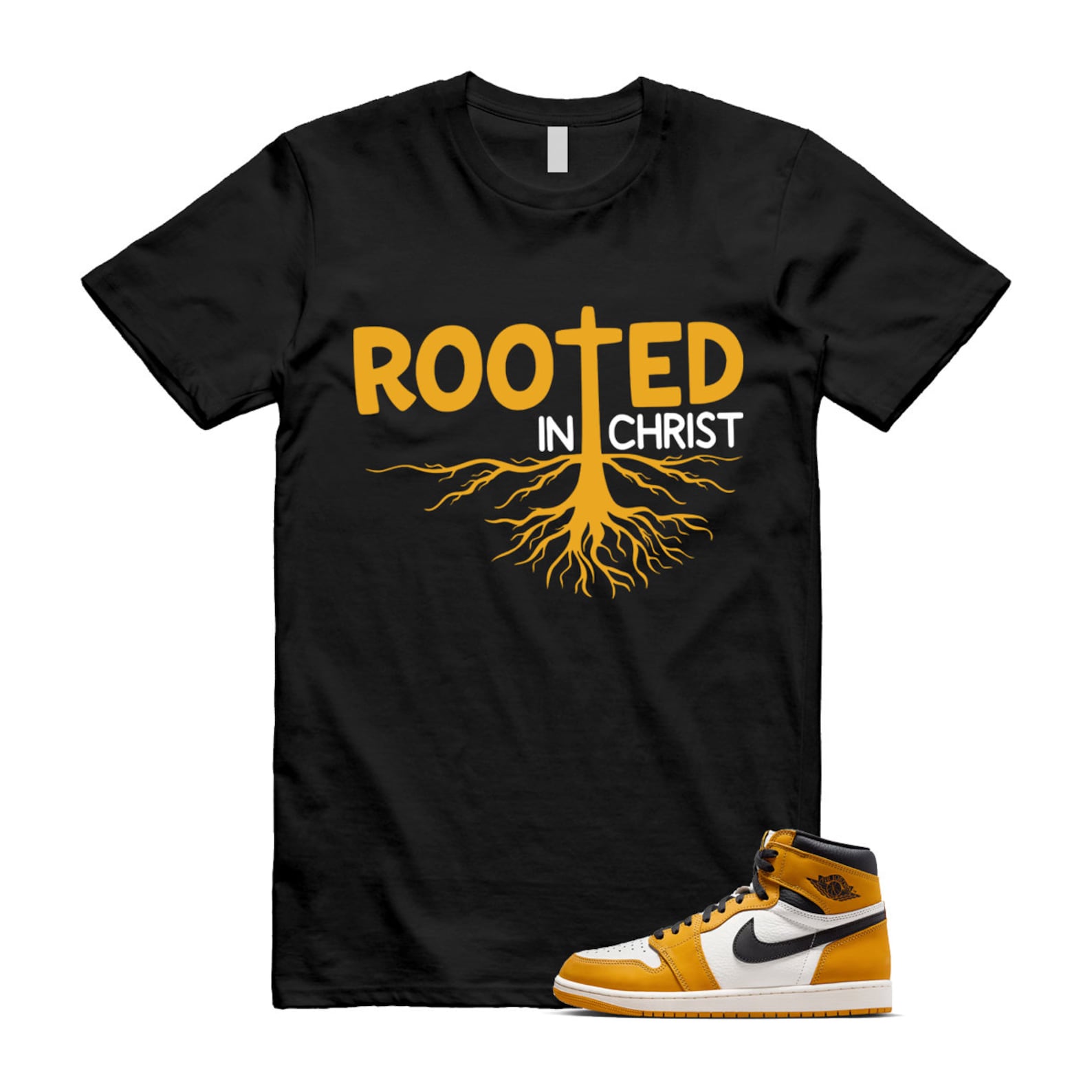 Ochre Yellow Black Sail White 1 Retro High OG T Shirt Match ROOTED ,FD1437-701 T-Shirt, Sneaker Match Tee