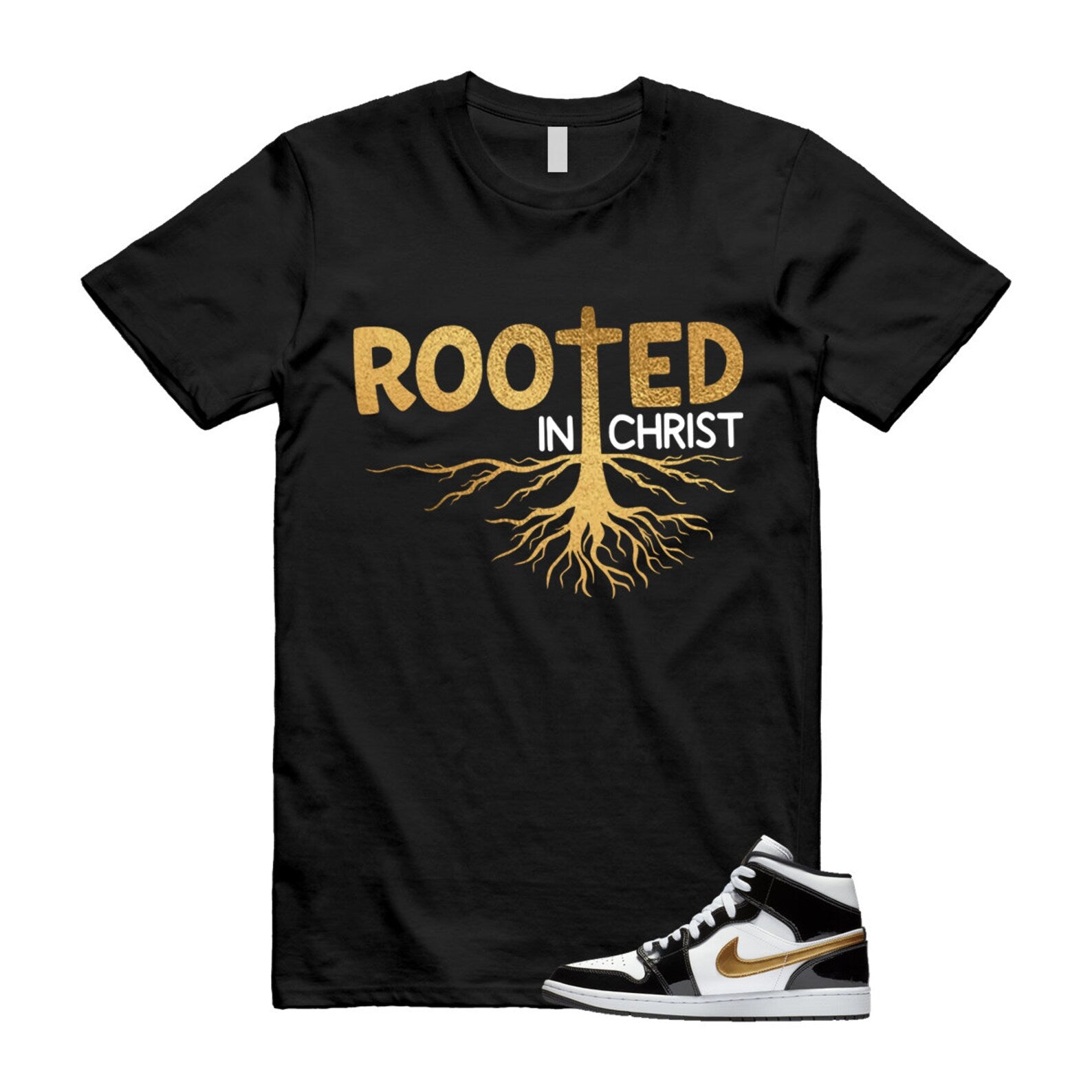 Metallic Gold Patent Black White Air 1 Mid T Shirt Match ROOTED ,852542-007 T-Shirt, Sneaker Match Tee