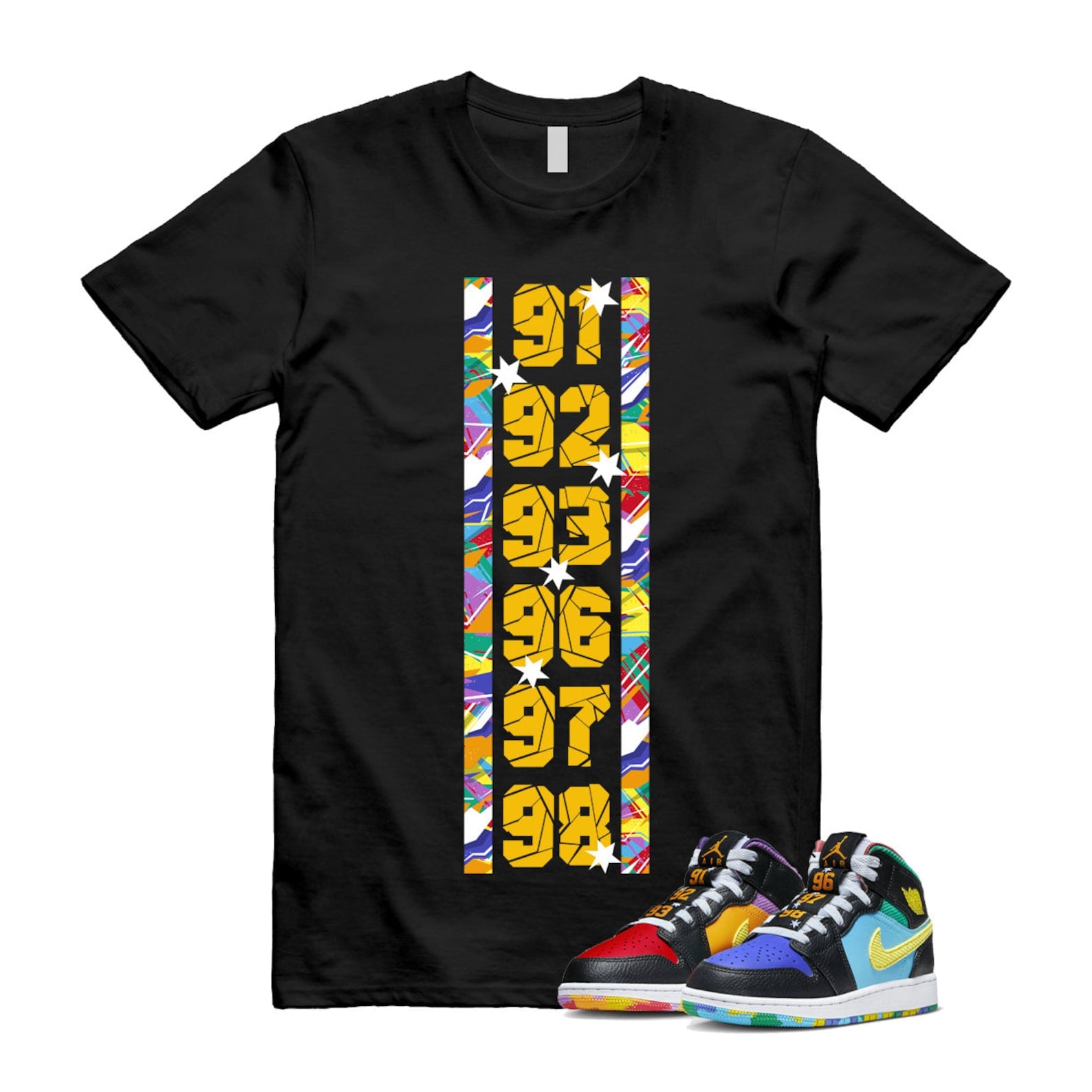 Six Championships Air 1 Mid GS Black Opti Yellow University Red Light Ultramarine Sundial Baltic Blue T Shirt Match RINGS ,FD1317-007 T-Shirt, Sneaker Match Tee