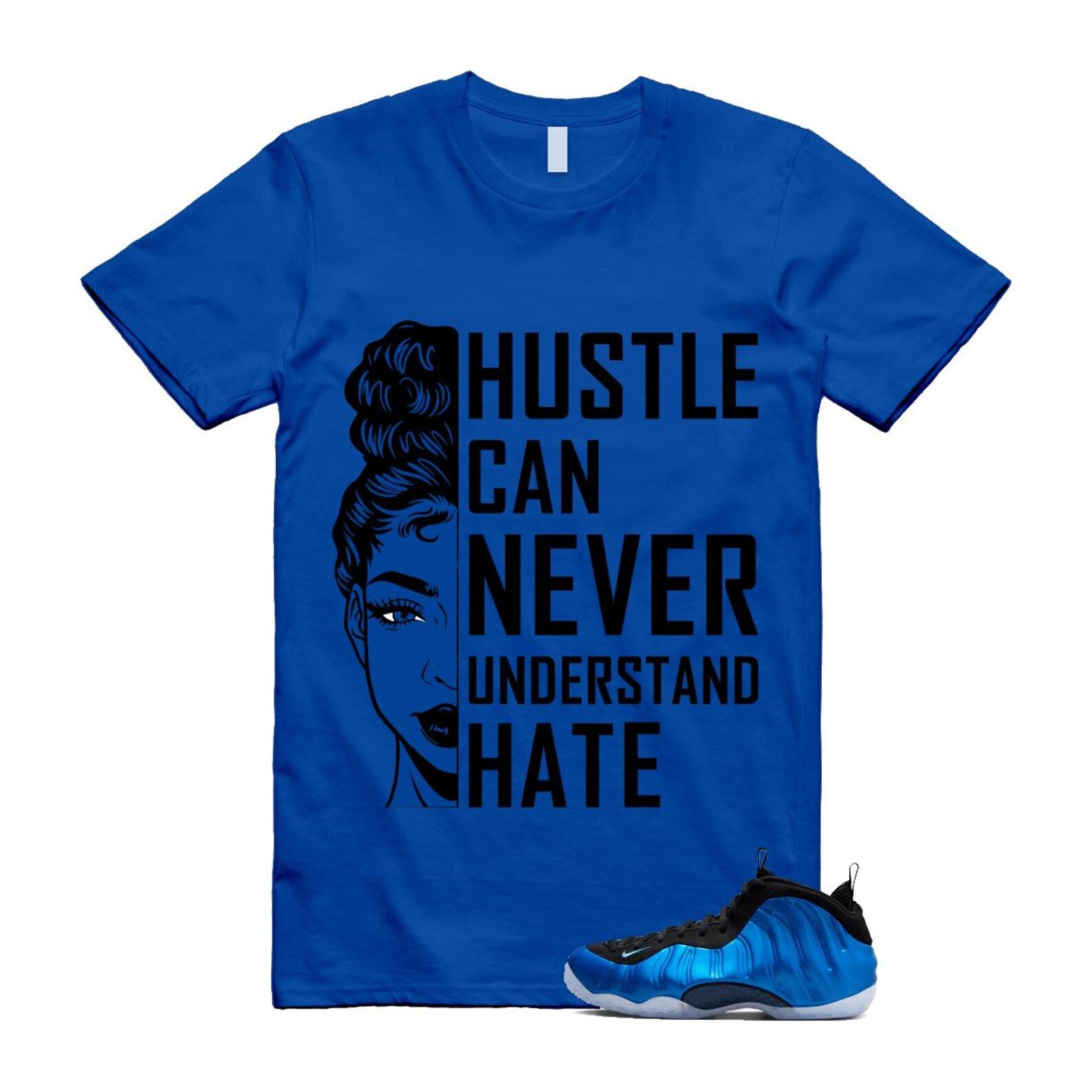 Foamposite Royal International Blue One Air White Black Clear T Shirt Match HUSTLE ,FQ8181-511 T-Shirt, Sneaker Match Tee