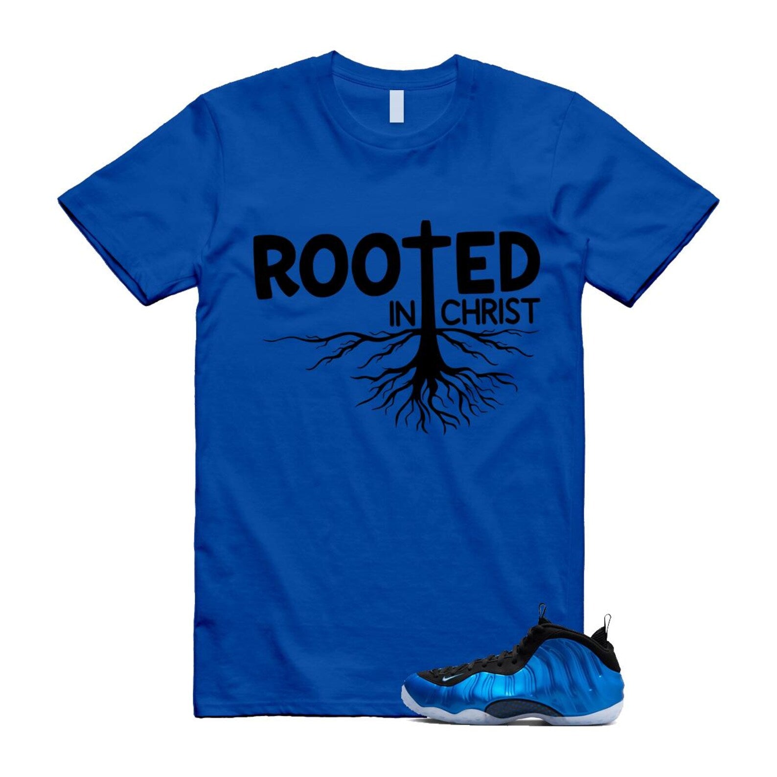 Foamposite Royal International Blue One Air White Black Clear T Shirt Match ROOTED ,FQ8181-511 T-Shirt, Sneaker Match Tee