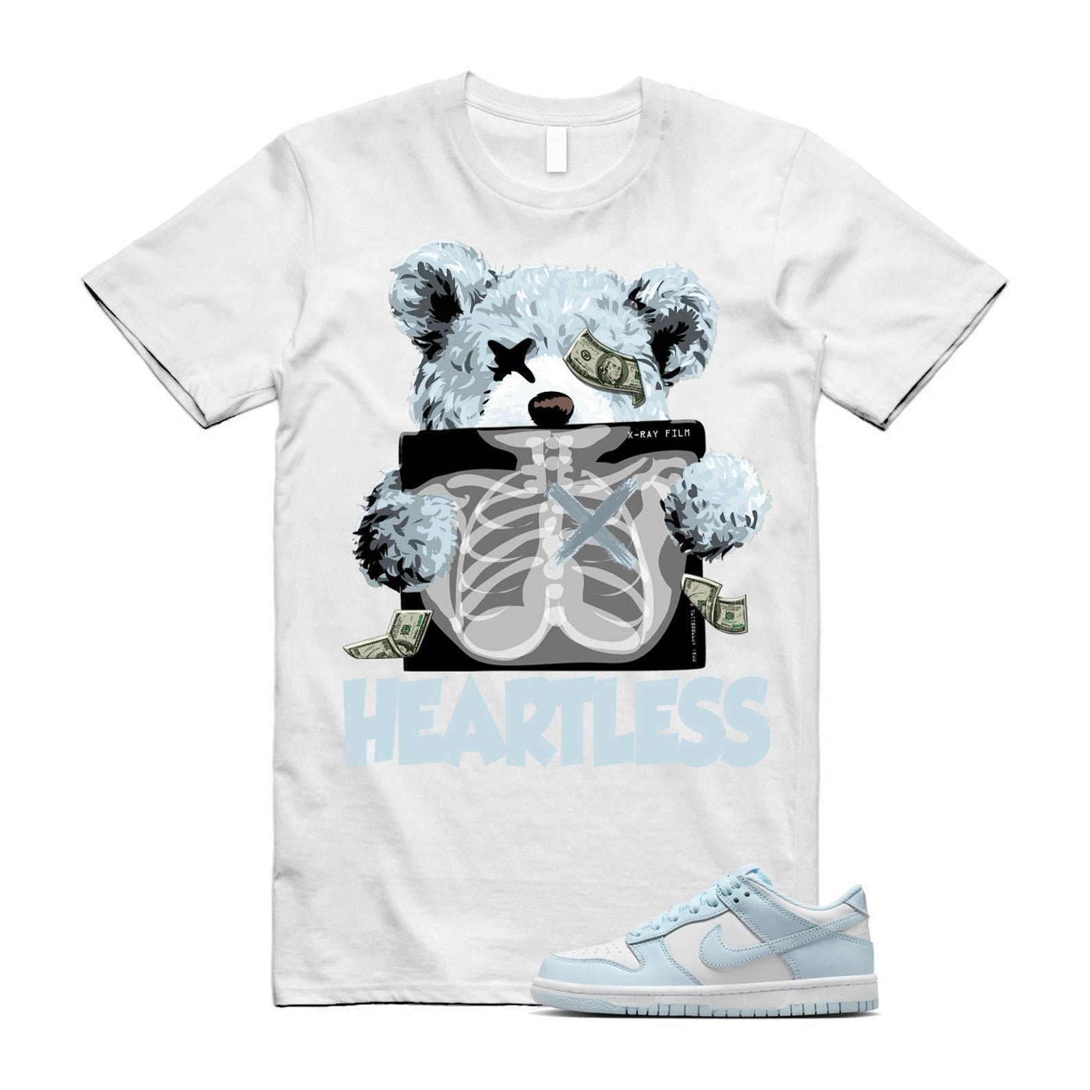 Dunk White Glacier Blue Low GS T Shirt Match HEART ,FB9109-105 T-Shirt, Sneaker Match Tee