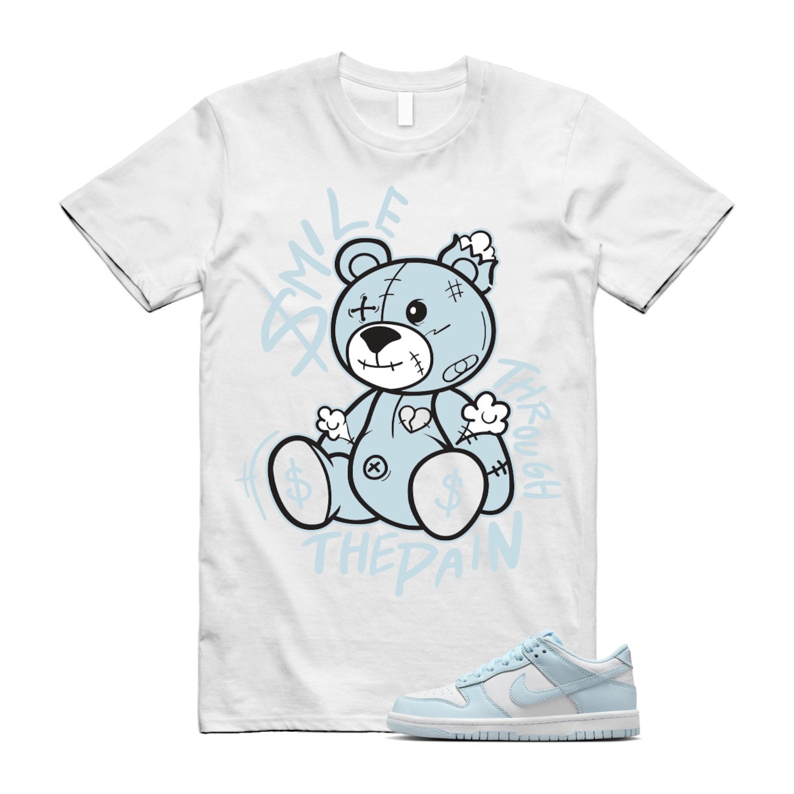 Dunk White Glacier Blue Low GS T Shirt Match Smile Through The Pain ,FB9109-105 T-Shirt, Sneaker Match Tee