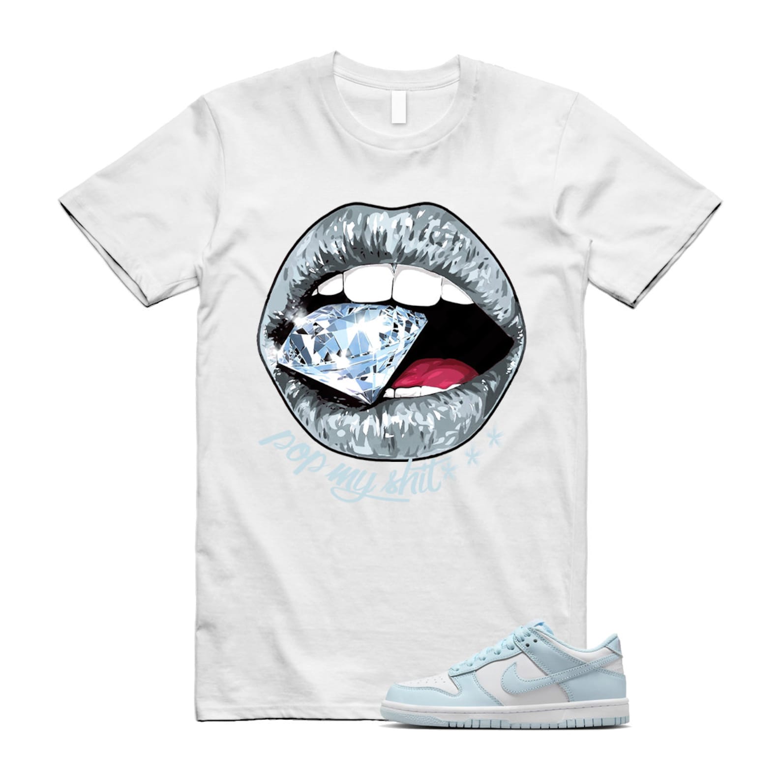 Dunk White Glacier Blue Low GS T Shirt Match POP ,FB9109-105 T-Shirt, Sneaker Match Tee