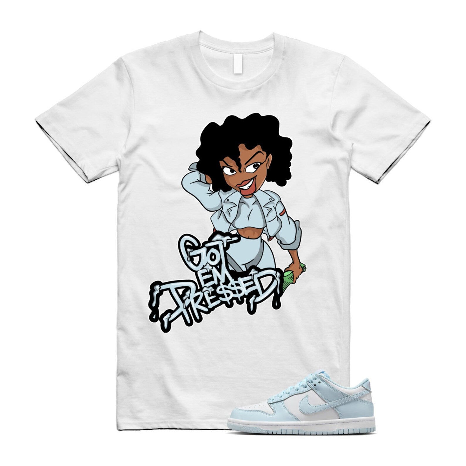 Dunk White Glacier Blue Low GS T Shirt Match PRESSED ,FB9109-105 T-Shirt, Sneaker Match Tee