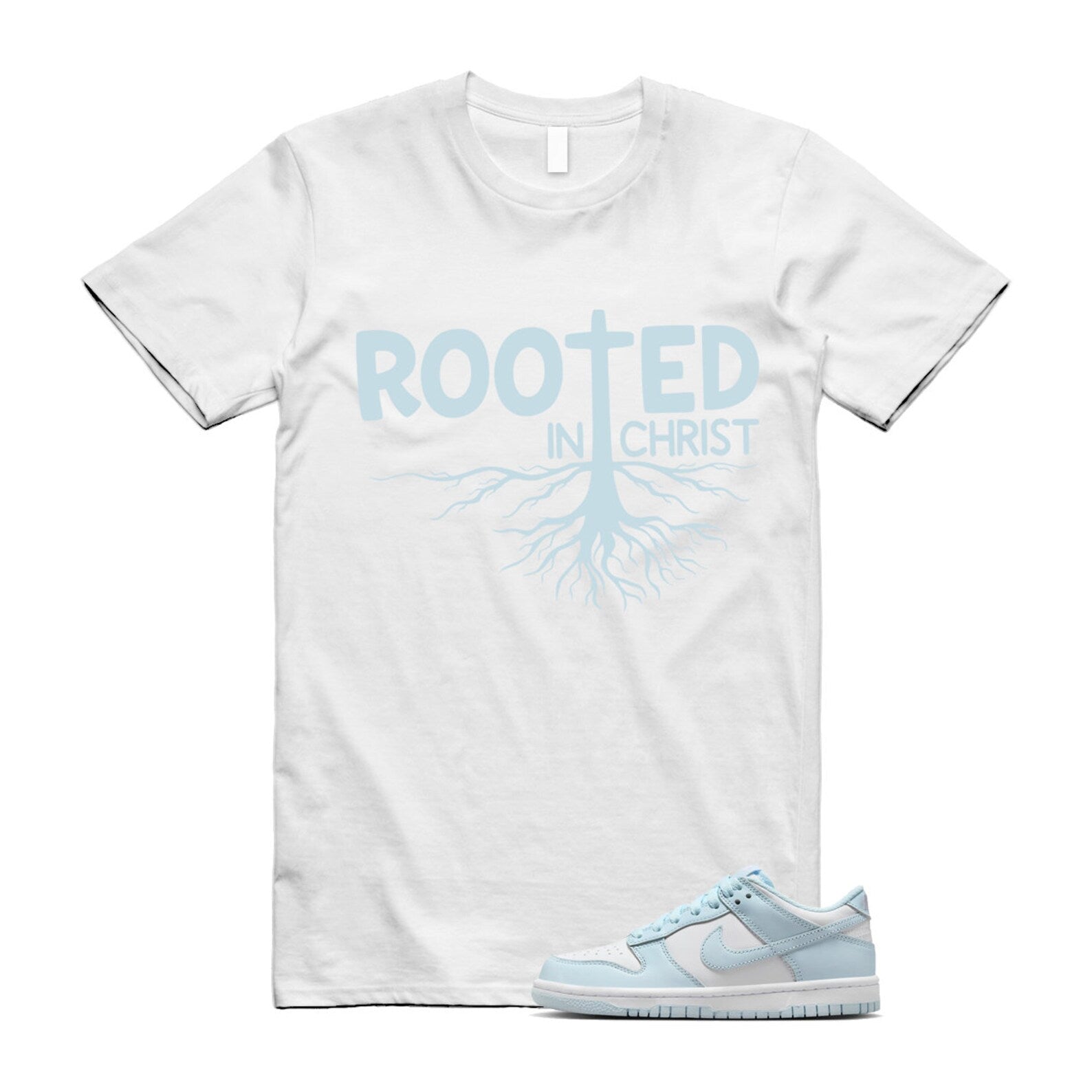 Dunk White Glacier Blue Low GS T Shirt Match ROOTED ,FB9109-105 T-Shirt, Sneaker Match Tee