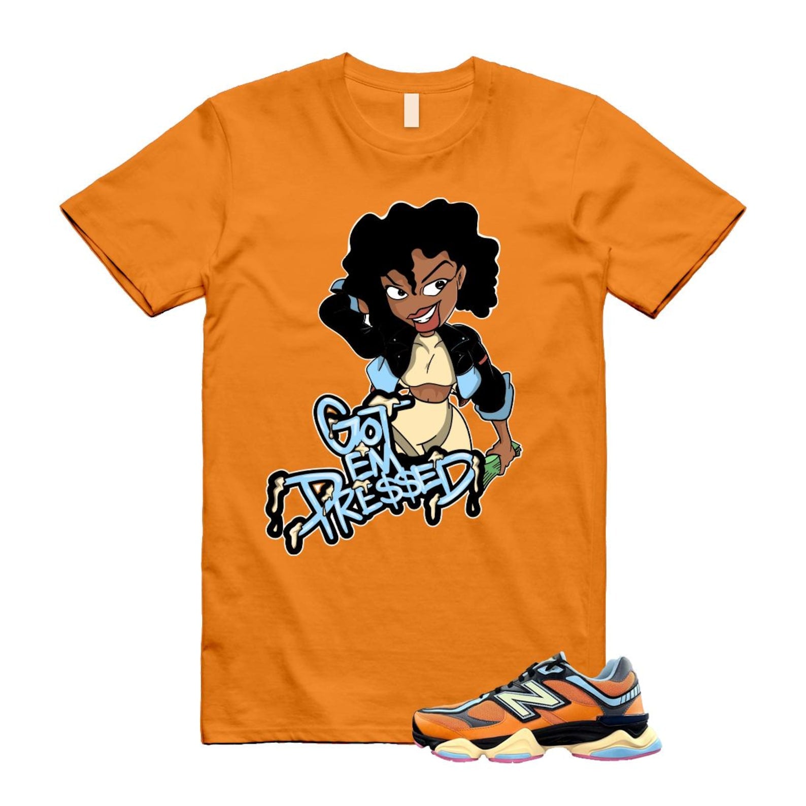 9060 Sun Glow Team Sky Blue Orange Black T Shirt Match PRESSED ,GC9060OG T-Shirt, Sneaker Match Tee