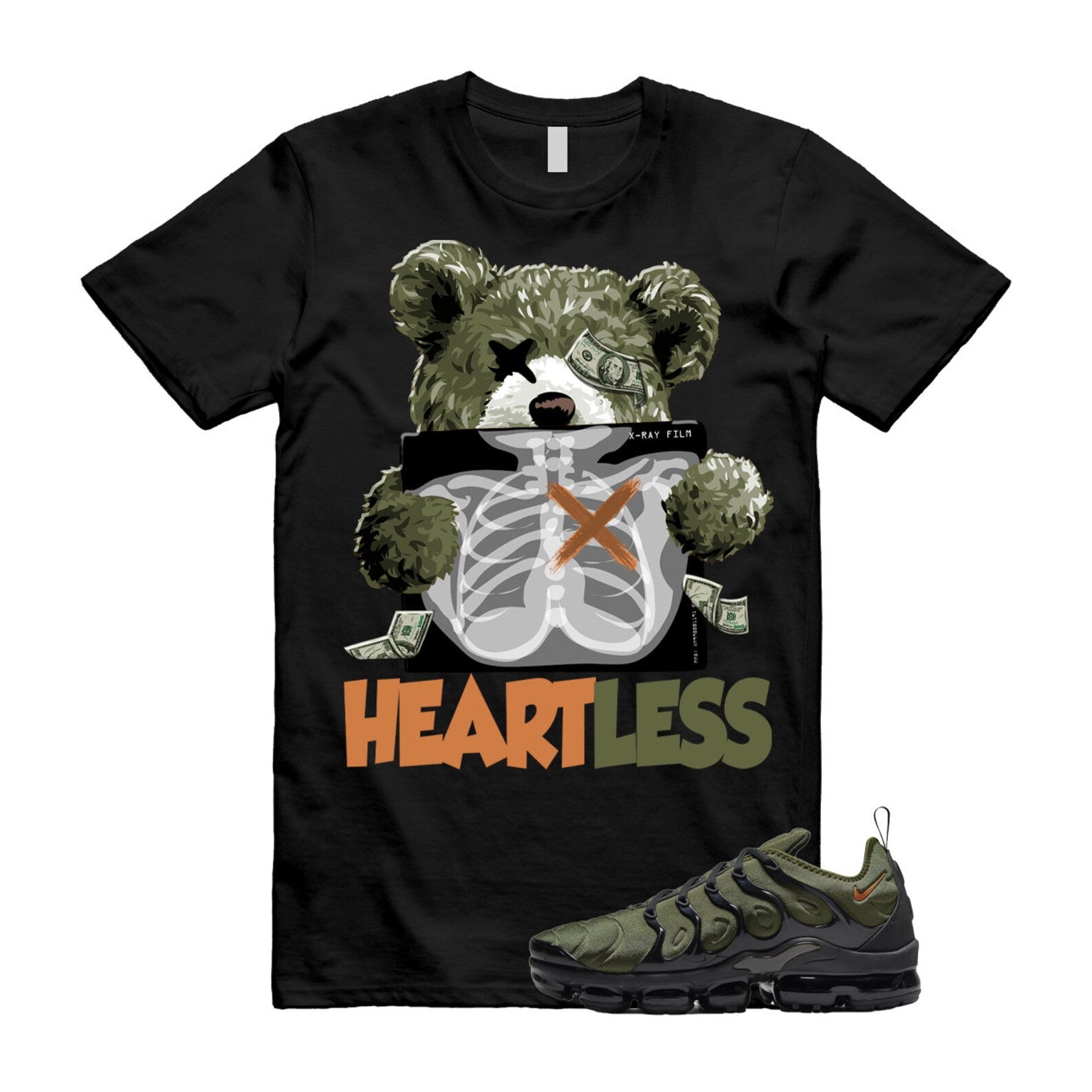 HEART T Shirt to match Vapormax Plus Olive Green Orange Rough Uptempo Legion Foamposite 95 96 97 Sequoia Cargo Khaki ,DQ4688-300 T-Shirt, Sneaker Match Tee
