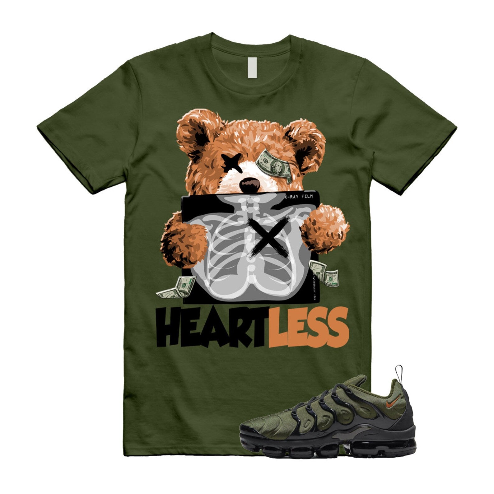 HEART T Shirt to match Vapormax Plus Olive Green Orange Rough Uptempo Legion Foamposite 95 96 97 Sequoia Cargo Khaki ,DQ4688-300 T-Shirt, Sneaker Match Tee