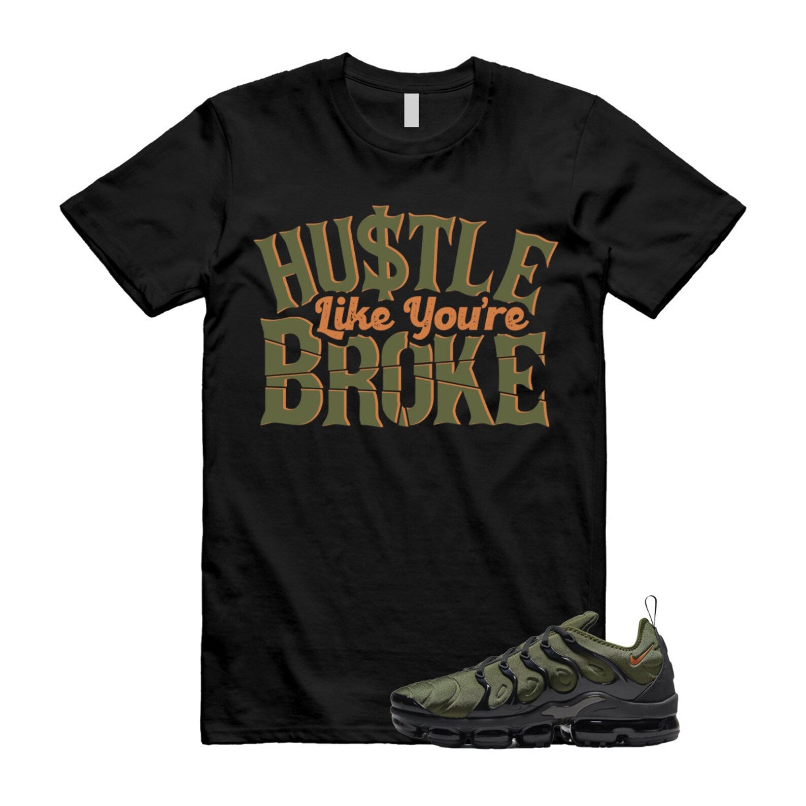 BROKE T Shirt to match Vapormax Plus Olive Green Orange Rough Uptempo Legion Foamposite 95 96 97 Sequoia Cargo Khaki ,DQ4688-300 T-Shirt, Sneaker Match Tee