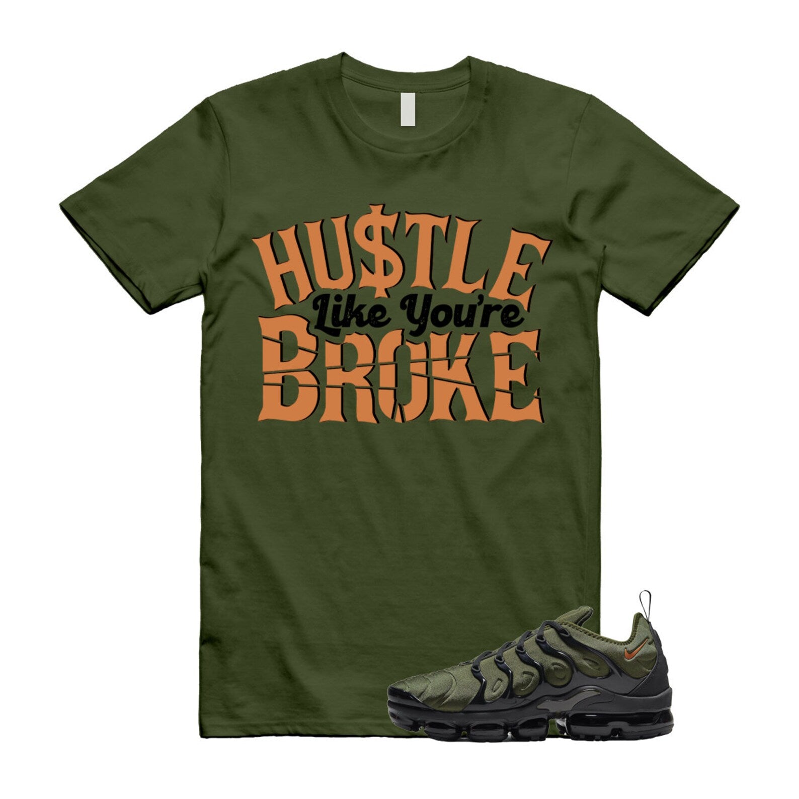 BROKE T Shirt to match Vapormax Plus Olive Green Orange Rough Uptempo Legion Foamposite 95 96 97 Sequoia Cargo Khaki ,DQ4688-300 T-Shirt, Sneaker Match Tee