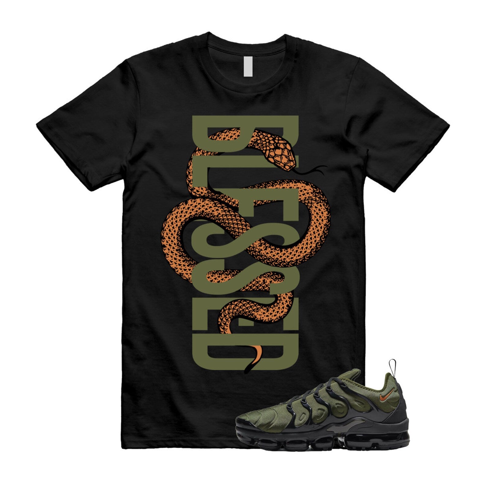 SNAKEBLS T Shirt to match Vapormax Plus Olive Green Orange Rough Uptempo Legion Foamposite 95 96 97 Sequoia Cargo Khaki ,DQ4688-300 T-Shirt, Sneaker Match Tee