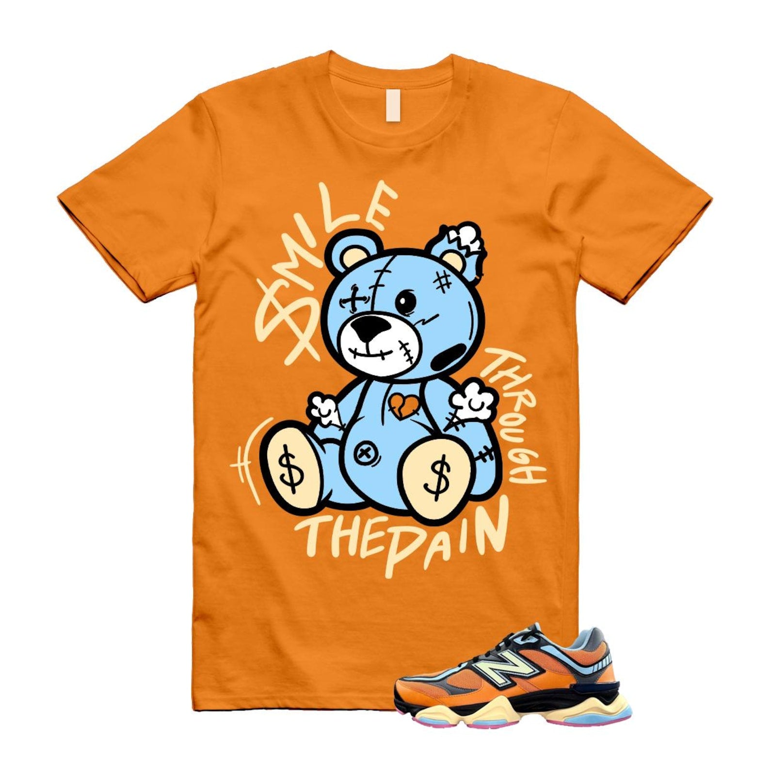 9060 Sun Glow Team Sky Blue Orange Black T Shirt Match Smile Through The Pain ,GC9060OG T-Shirt, Sneaker Match Tee