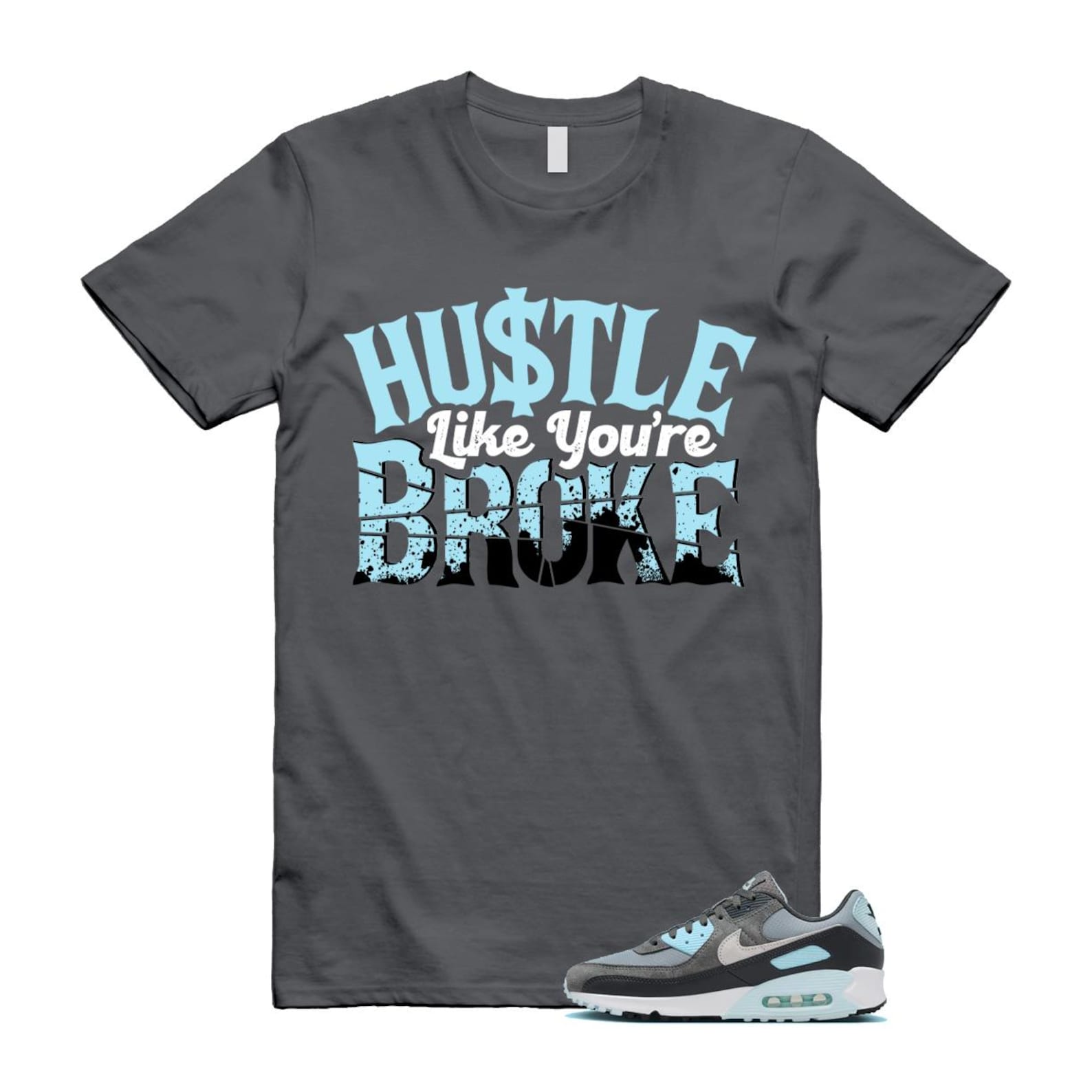 Air Max 90 Smoke Grey Icy Glacier Blue Light Pumice Anthracite Photon Dust T Shirt Match BROKE ,FN6958-001 T-Shirt, Sneaker Match Tee