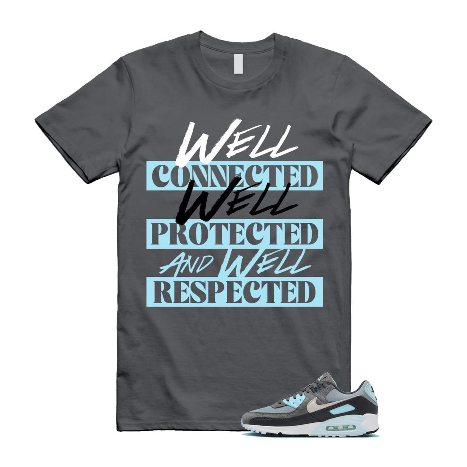 Air Max 90 Smoke Grey Icy Glacier Blue Light Pumice Anthracite Photon Dust T Shirt Match WELL ,FN6958-001 T-Shirt, Sneaker Match Tee