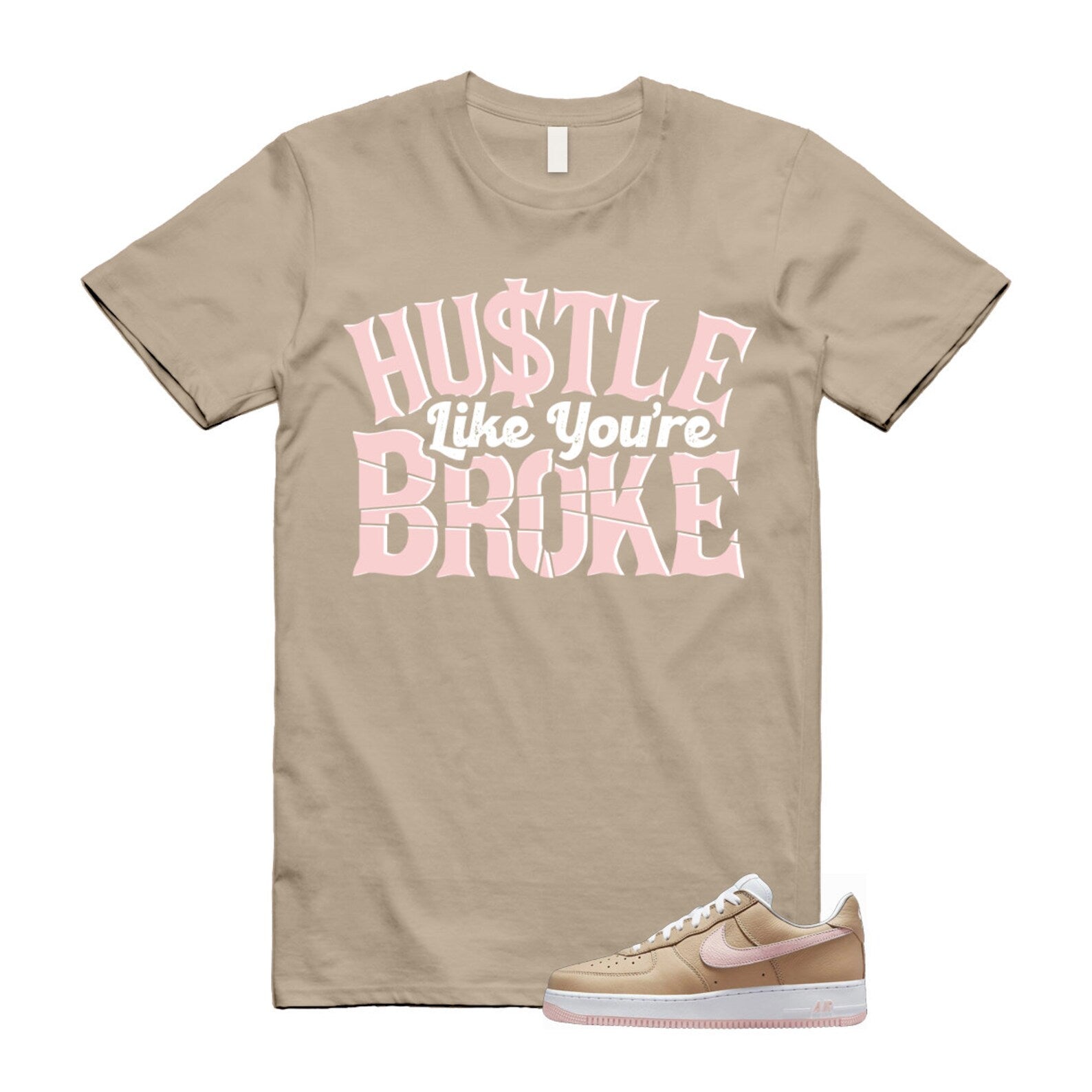 Air Force 1 Linen Atmosphere True White Tan Pink Low T Shirt Match BROKE ,845053-201 T-Shirt, Sneaker Match Tee