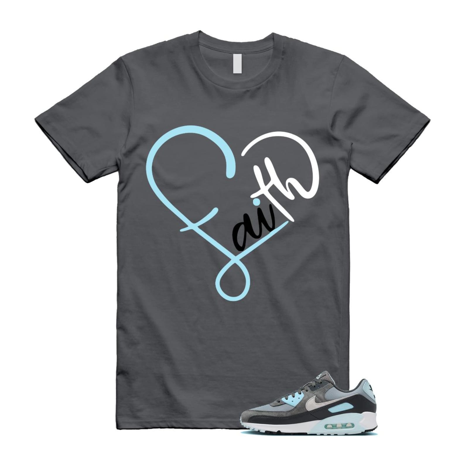 Air Max 90 Smoke Grey Icy Glacier Blue Light Pumice Anthracite Photon Dust T Shirt Match FAITH ,FN6958-001 T-Shirt, Sneaker Match Tee