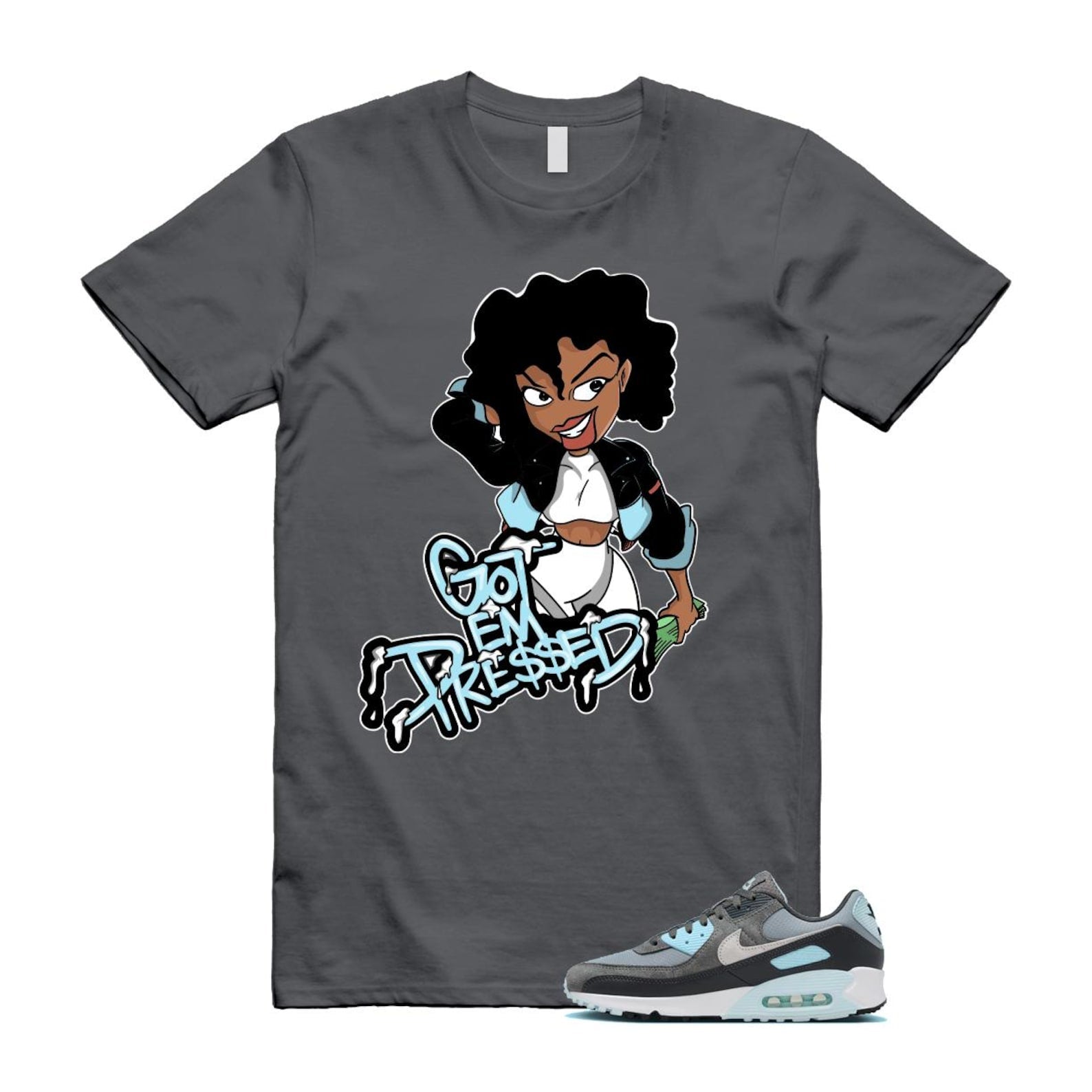 Air Max 90 Smoke Grey Icy Glacier Blue Light Pumice Anthracite Photon Dust T Shirt Match PRESSED ,FN6958-001 T-Shirt, Sneaker Match Tee