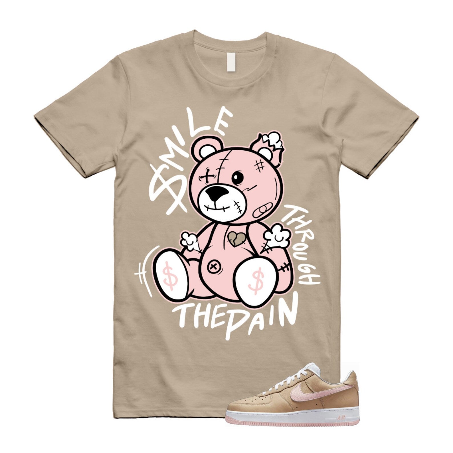 Air Force 1 Linen Atmosphere True White Tan Pink Low T Shirt Match Smile Through The Pain ,845053-201 T-Shirt, Sneaker Match Tee