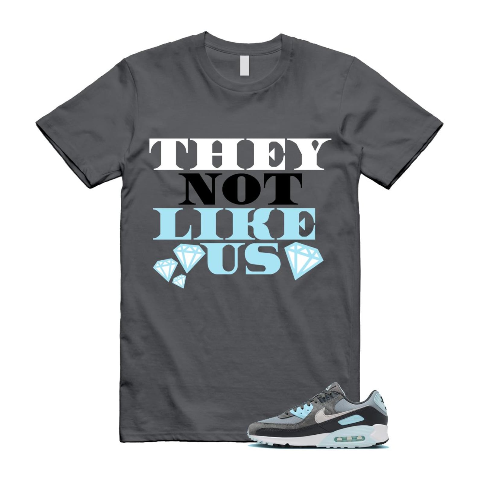Air Max 90 Smoke Grey Icy Glacier Blue Light Pumice Anthracite Photon Dust T Shirt Match US2 ,FN6958-001 T-Shirt, Sneaker Match Tee