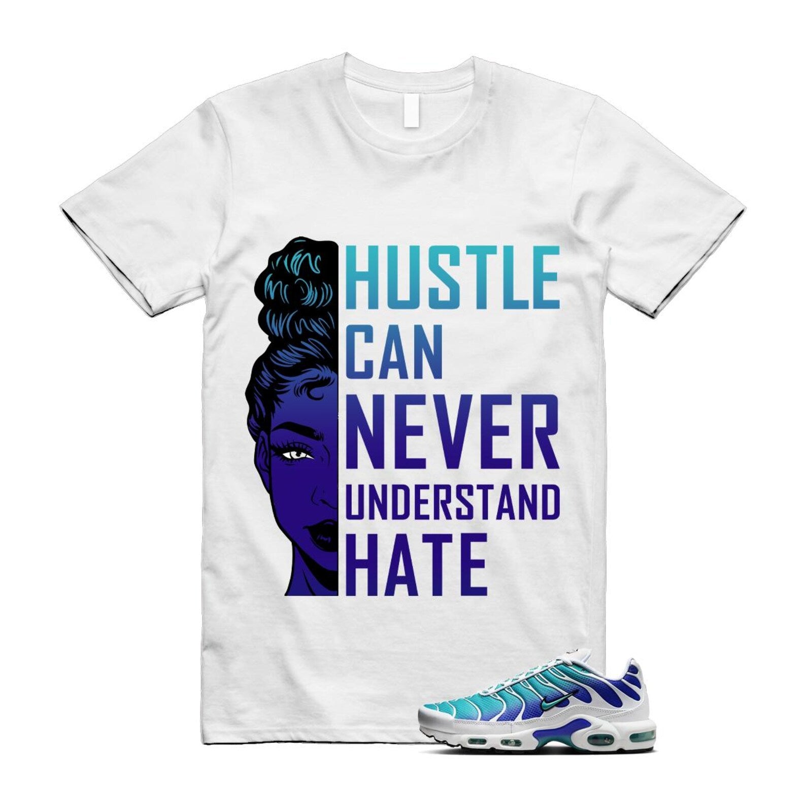 Air Max Bleached Aqua Fierce Purple White Plus Gradient T Shirt Match HUSTLE ,AQ9979-100 T-Shirt, Sneaker Match Tee